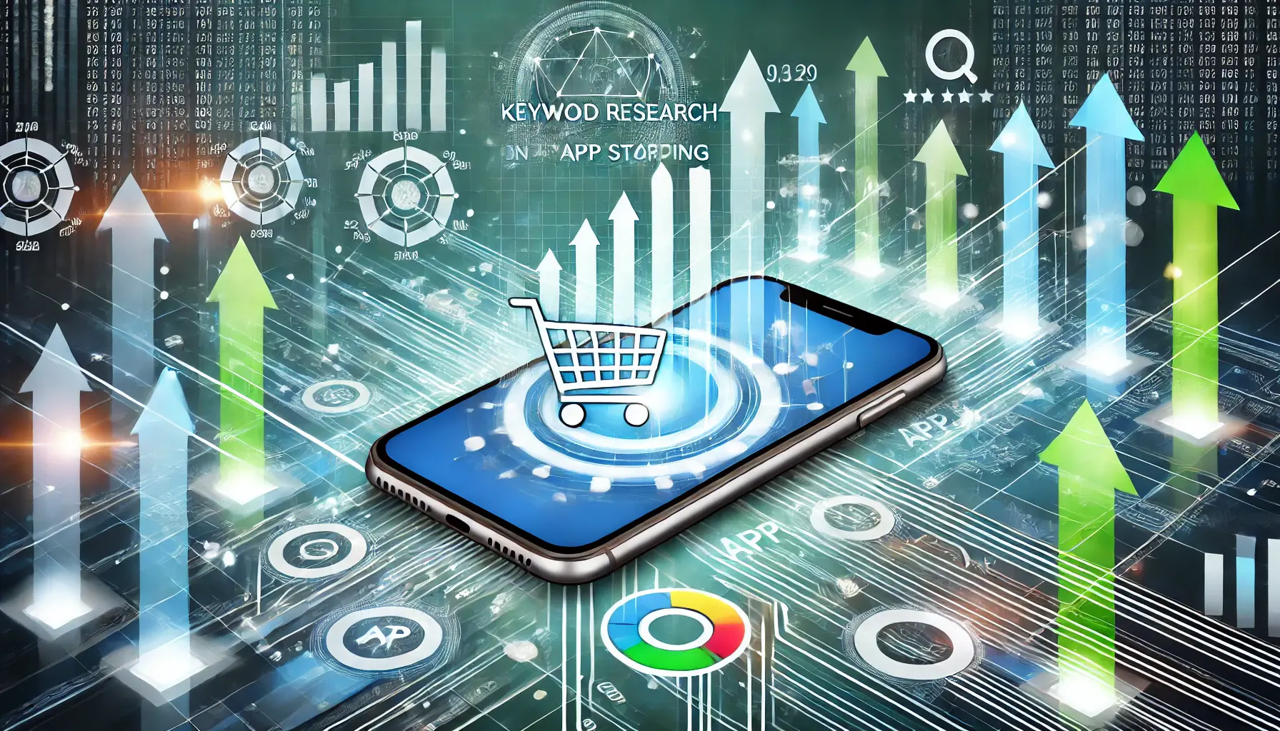 Abstract representation of the impact of keyword research on app ranking, featuring a smartphone displaying app store rankings and upward arrows