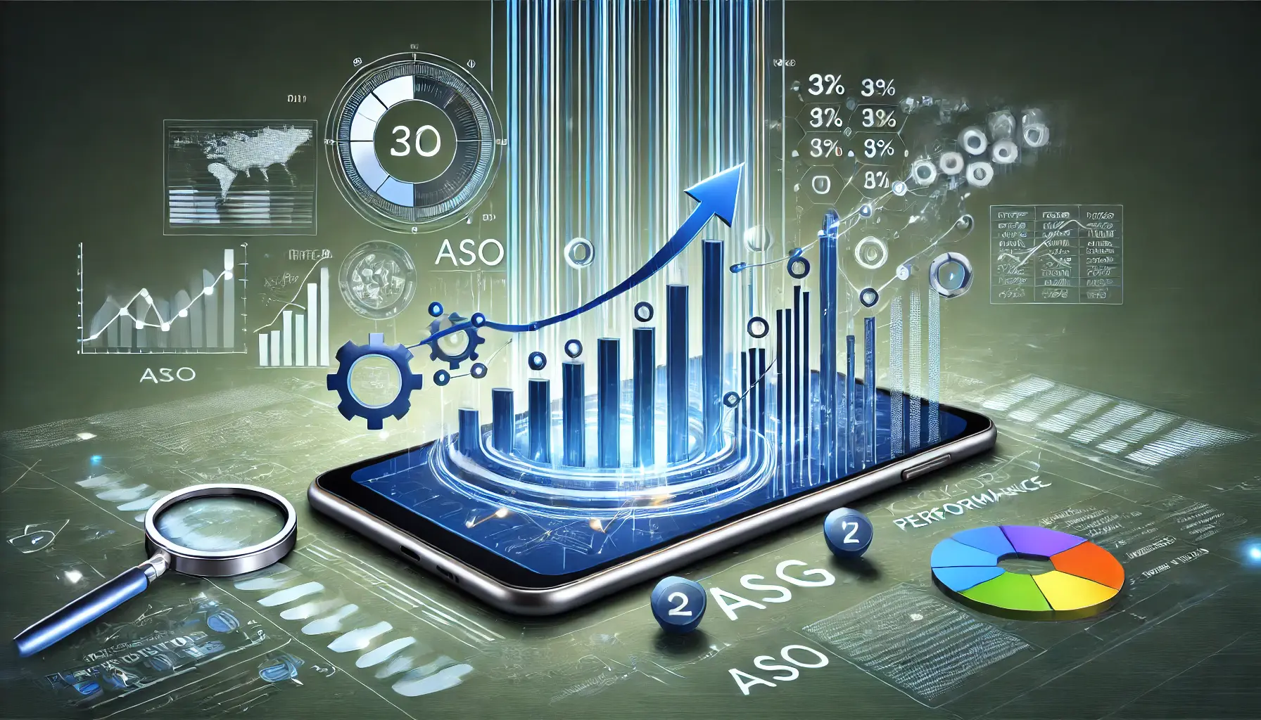 Abstract representation of keyword performance over time, featuring a mobile device with data graphs, timelines, and progress indicators