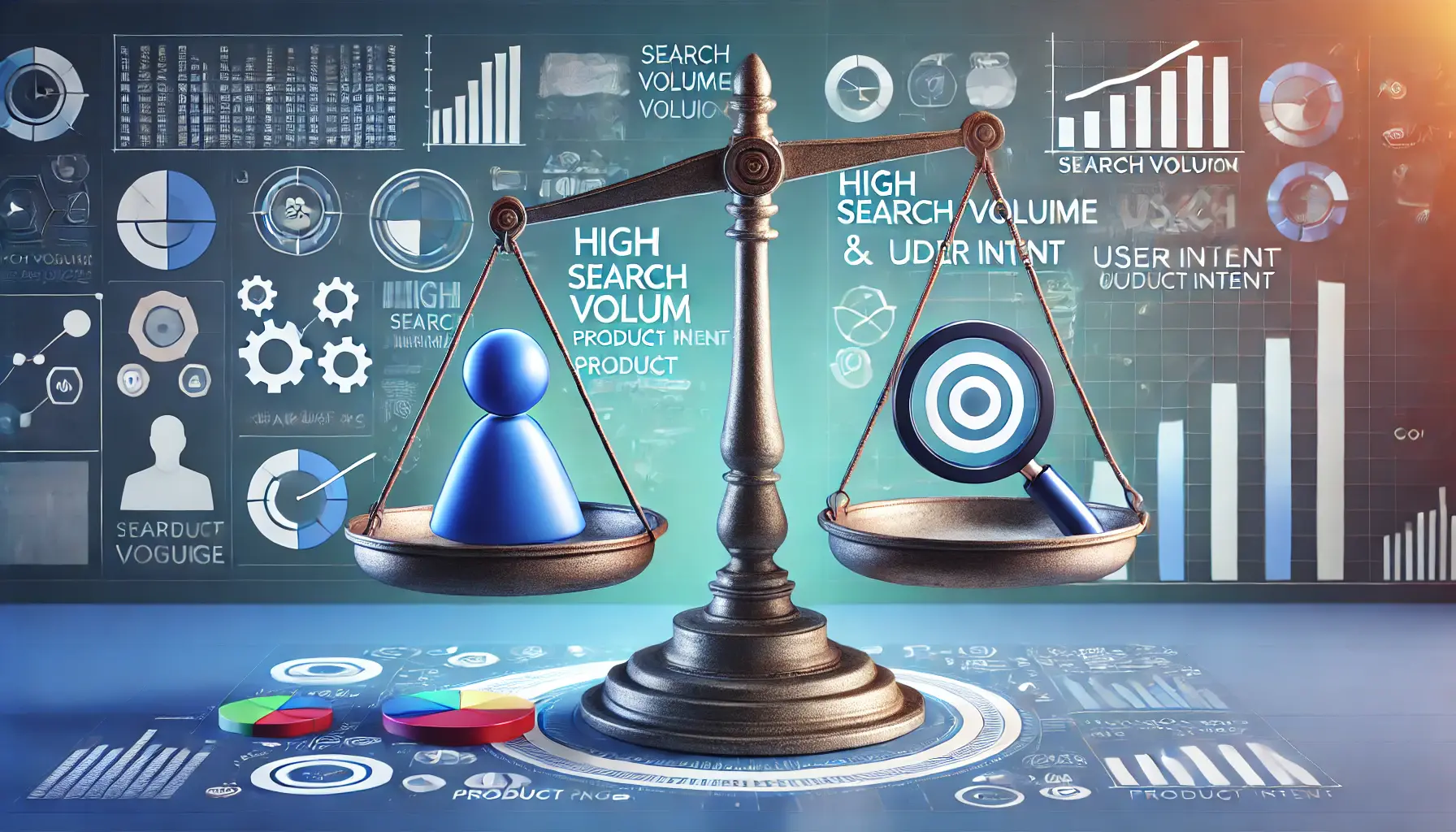 A scale balancing a graph with high search volume on one side and a magnifying glass focusing on a target representing user intent on the other.