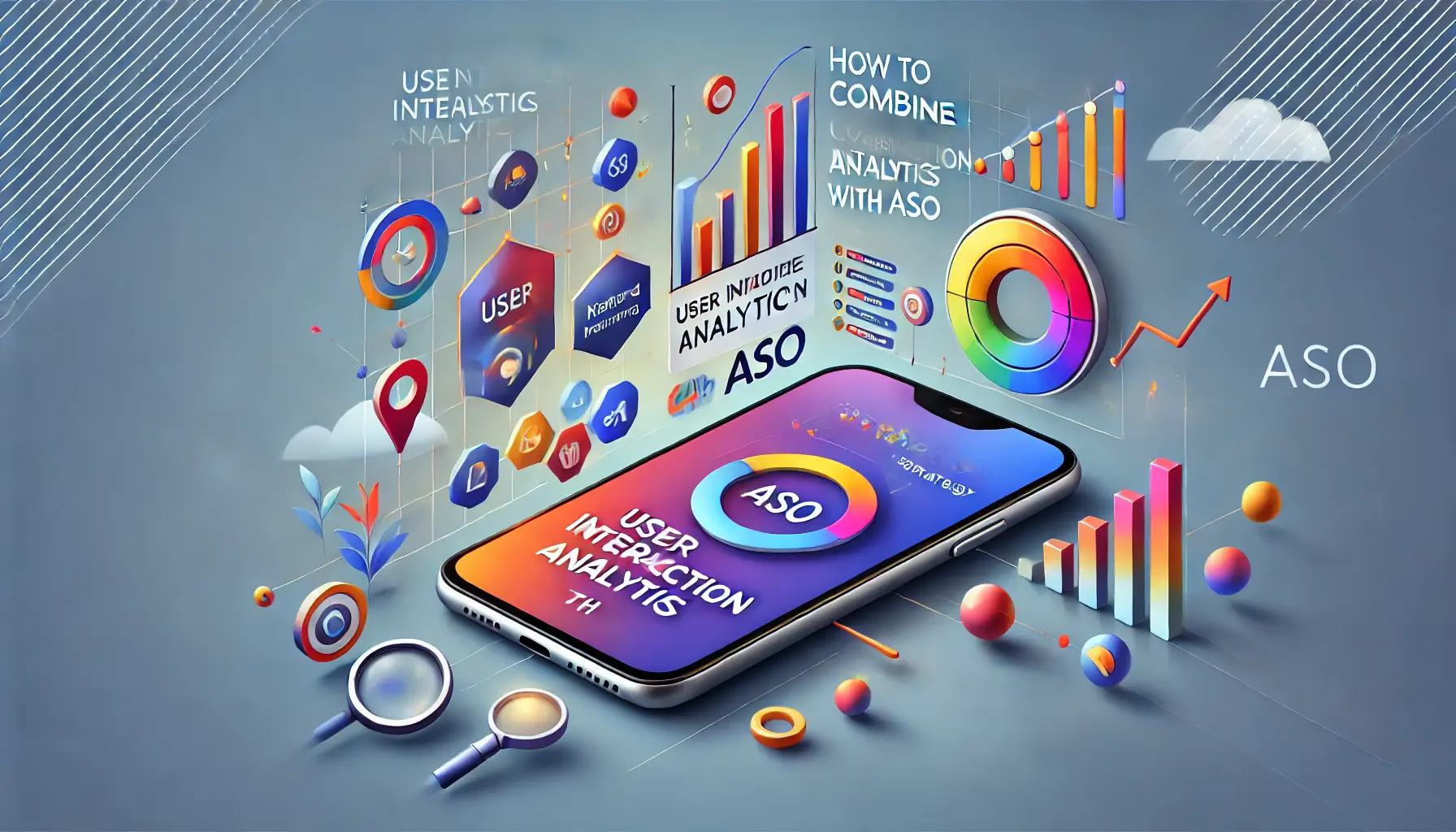 A smartphone displaying a combination of user interaction analytics and ASO tools like user behavior metrics and app ranking data, set against an abstract background symbolizing integration and optimization.