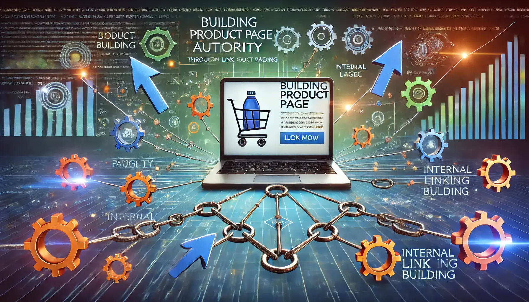 A laptop displaying a product page with multiple arrows connecting to other linked product pages, surrounded by icons of chains, gears, and upward arrows.