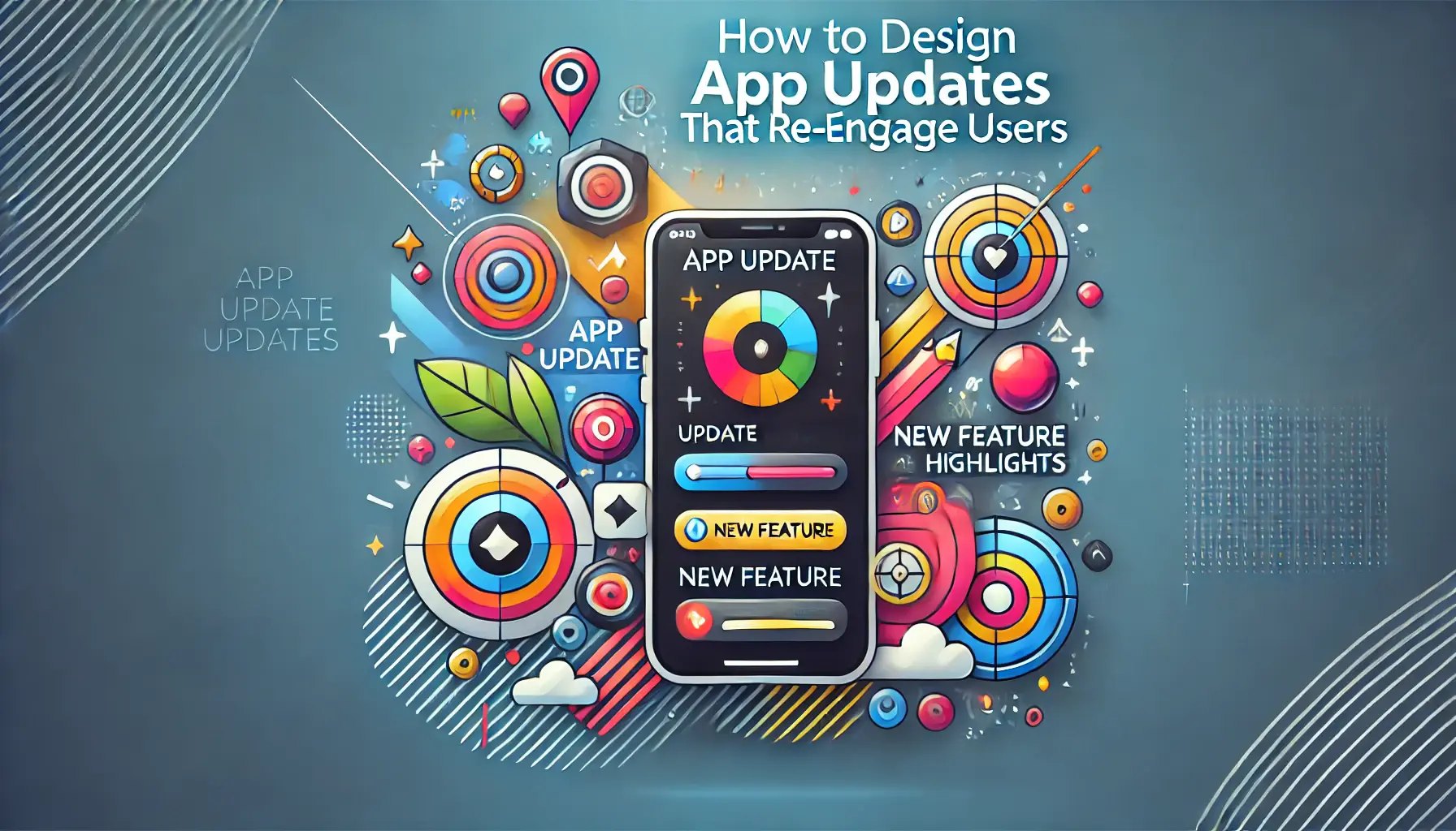 A smartphone displaying an app update process with visual elements like update notifications and new feature highlights, set against an abstract background symbolizing renewal and re-engagement.