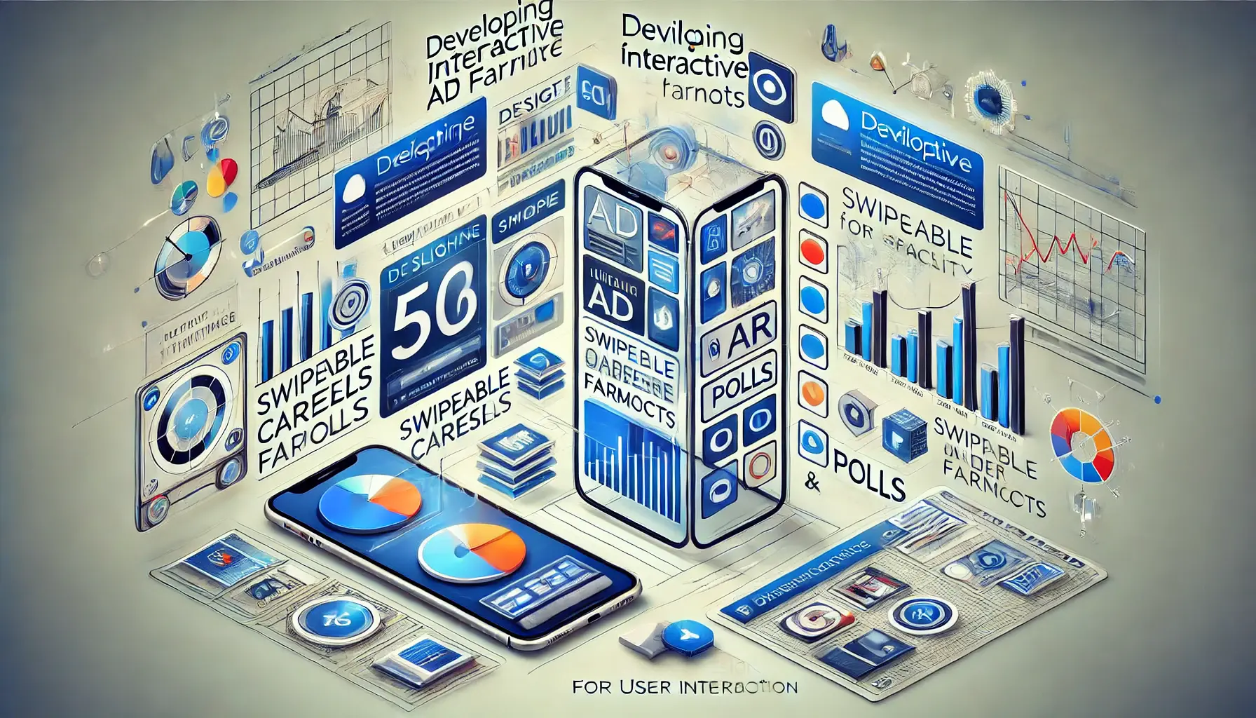 Abstract depiction of the development process for interactive ad formats, featuring design workflows, mobile devices, and interactive elements like AR and swipeable carousels.