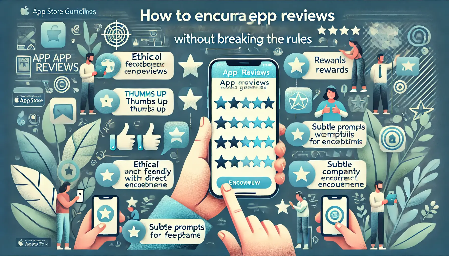 A mobile app with icons representing feedback prompts like thumbs up and stars, with users interacting subtly with the prompts, symbolizing ethical encouragement.