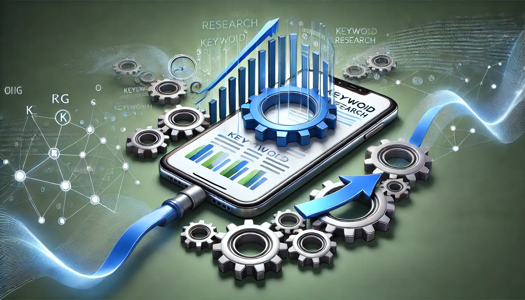 Abstract representation of implementing a sustainable keyword research process, featuring a mobile device with keyword performance data, gears, and arrows