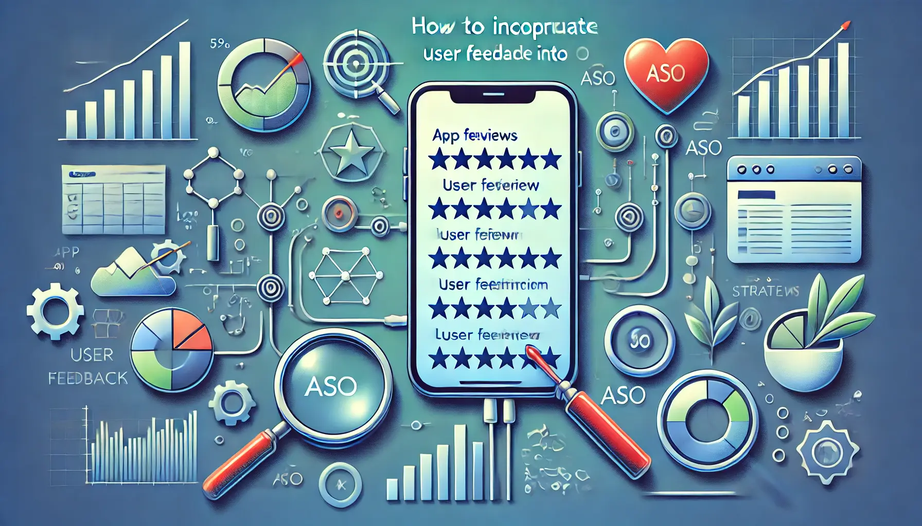 Abstract representation of incorporating user feedback into ASO, featuring a mobile device displaying app reviews connected to keyword performance data