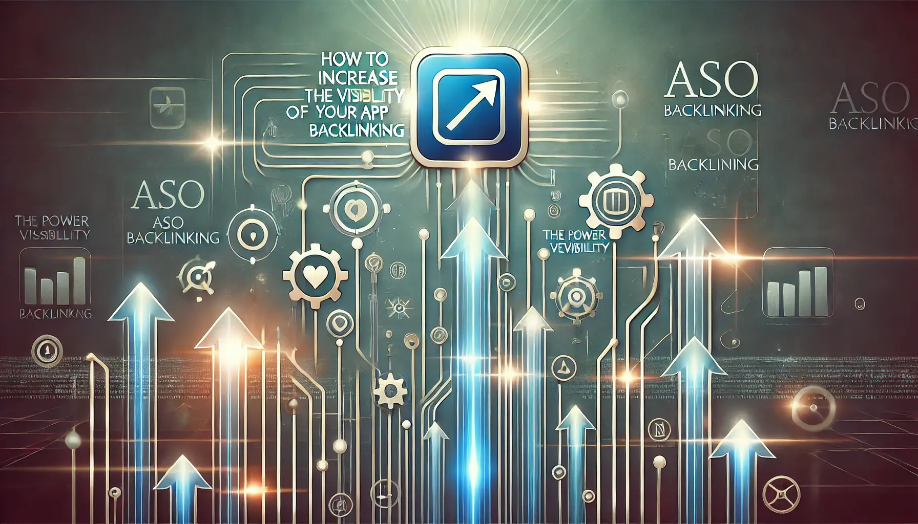 Abstract representation of digital links converging towards an app icon with arrows leading upward, symbolizing the boost in app visibility through ASO backlinking.