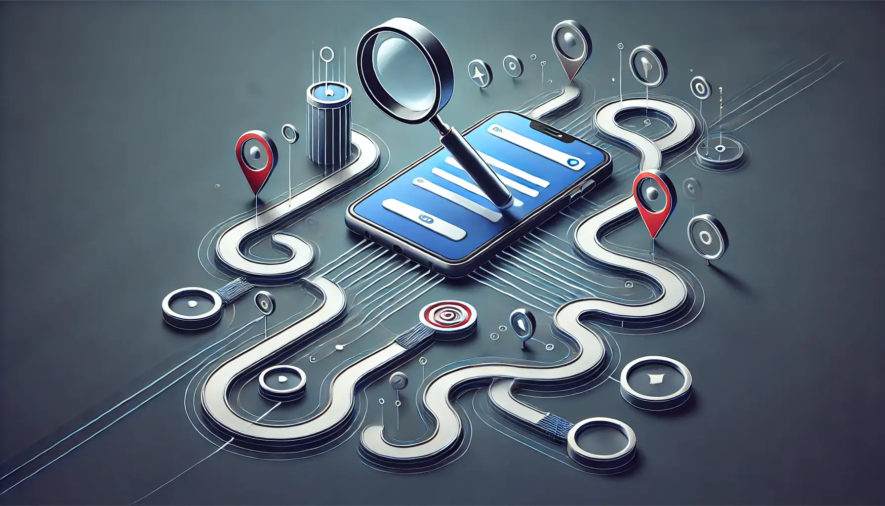 A visual representation of leveraging long-tail keywords with winding paths leading to a smartphone, symbolizing the use of niche and specific keyword strategies to improve app rankings.