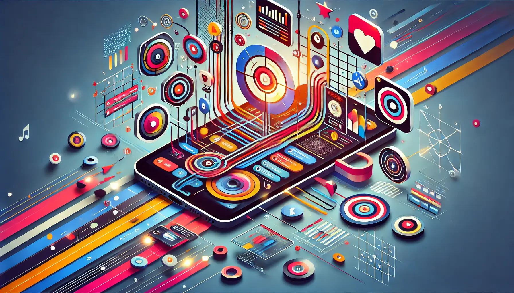 Abstract representation of user interaction and engagement in mobile apps with dynamic shapes and connected pathways.