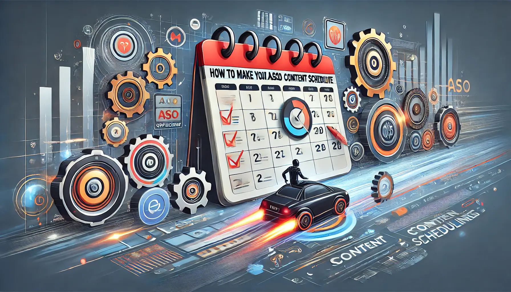 Illustration of efficient ASO content scheduling with a streamlined calendar, gears, and a progress indicator