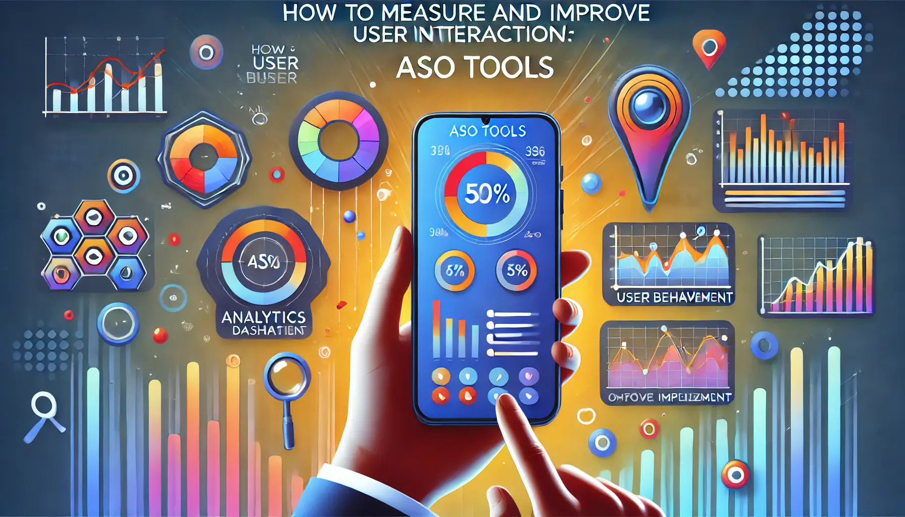 A smartphone displaying ASO tools like analytics dashboards and performance graphs, set against an abstract background symbolizing measurement and optimization.