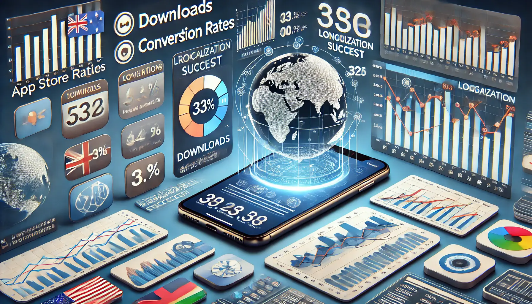 A dashboard displaying app performance metrics such as downloads, conversion rates, and rankings across regions, with mobile devices showing localized app versions and charts in the background.