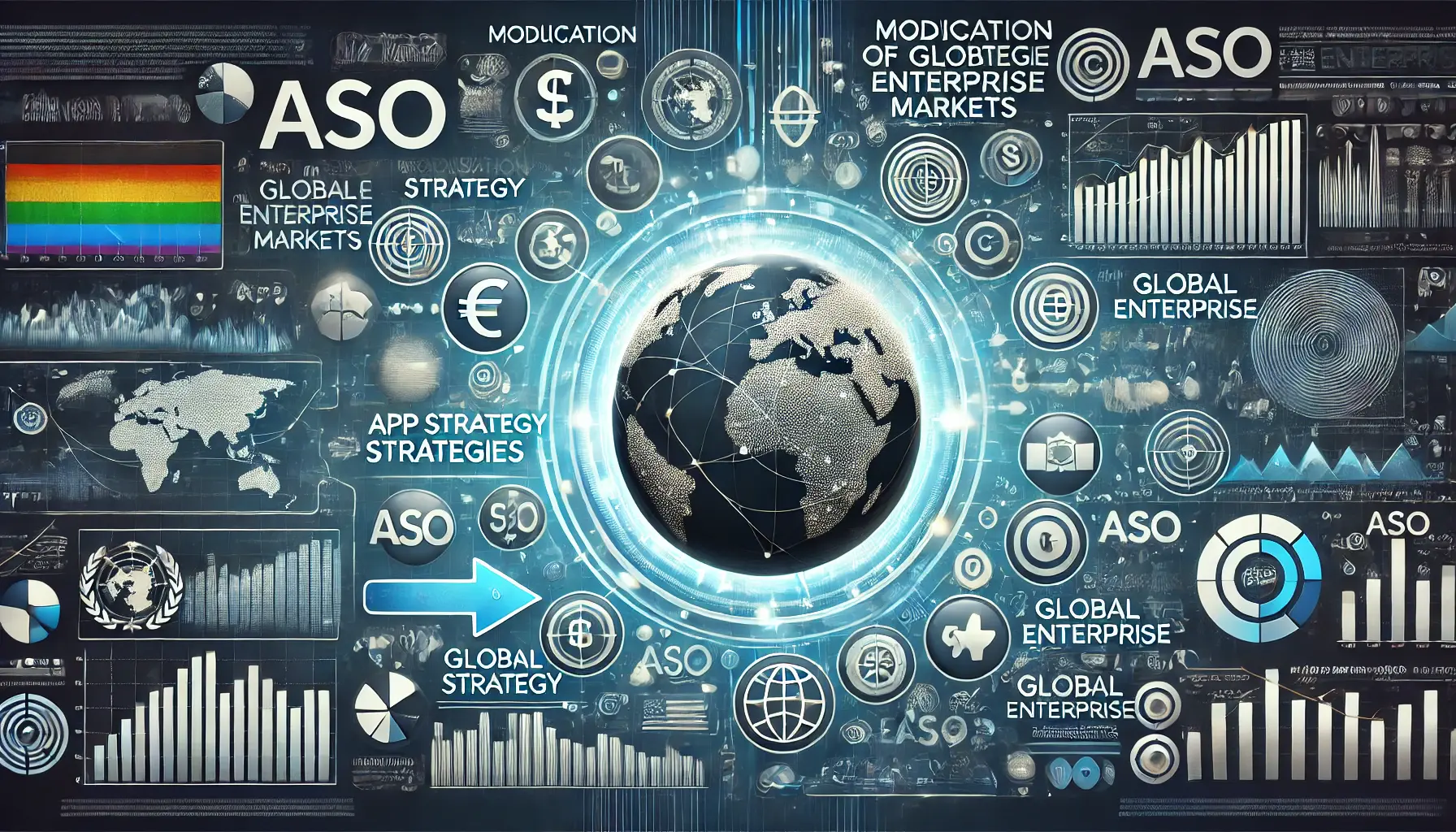 Image depicting a digital globe surrounded by market symbols like currency signs, flags, and app store icons, connected by arrows, representing the modification of ASO strategies for global markets.