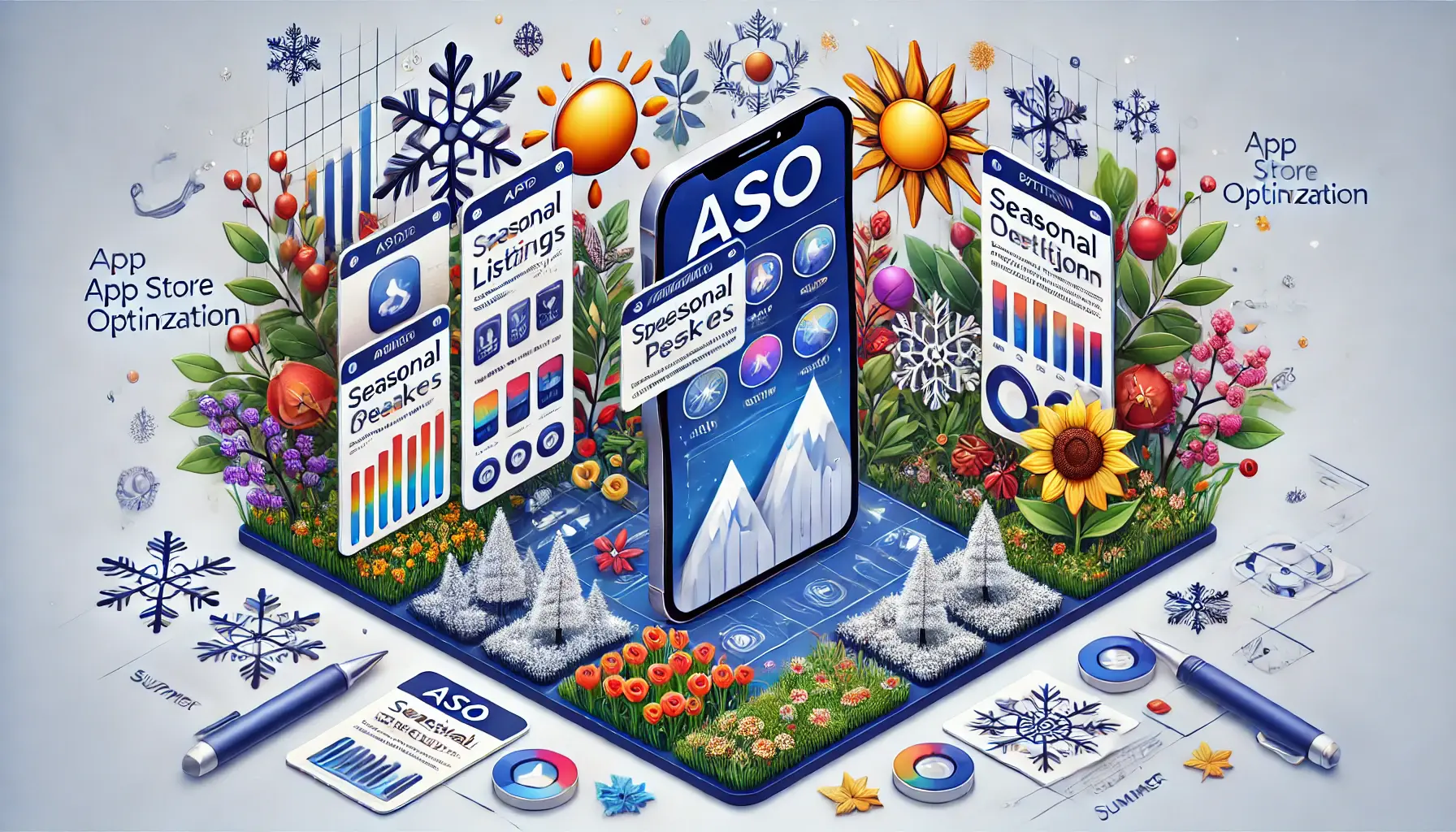 An app store interface with app icons, screenshots, and descriptions adjusted to reflect different seasonal themes, set against a background with symbols of snowflakes, flowers, sun, and autumn leaves.