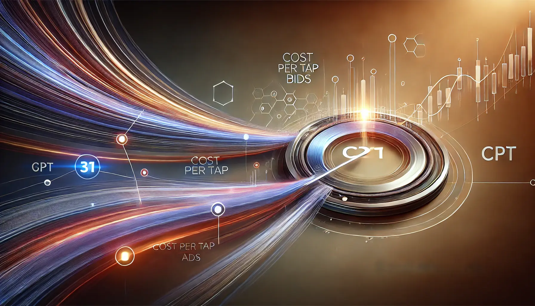 Abstract representation of optimizing CPT bids with dynamic elements, symbolizing precision, cost management, and strategic adjustments in digital marketing.