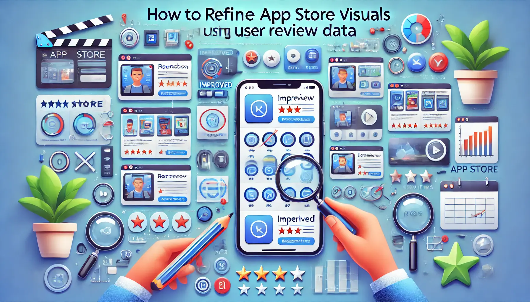 A mobile app with screenshots, video previews, and app icons being refined based on user review feedback, with symbols like feedback bubbles and magnifying glasses indicating data analysis.