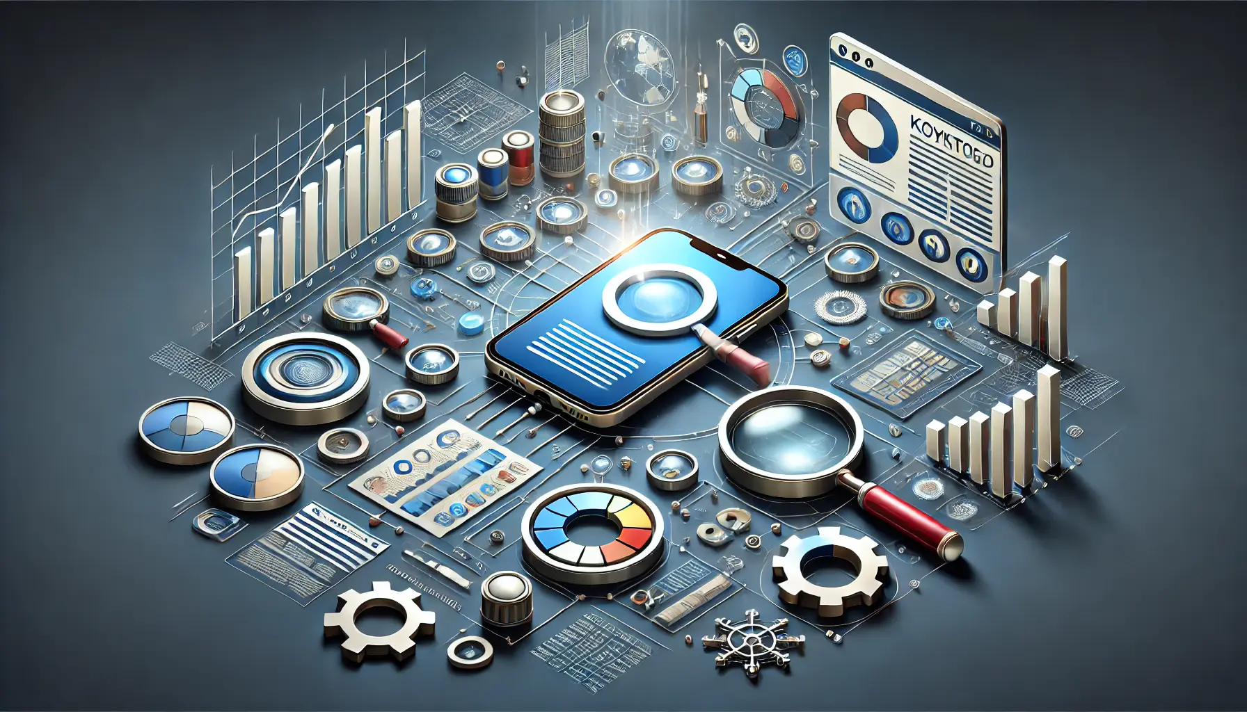 A visually detailed image featuring a smartphone surrounded by digital tools like magnifying glasses, charts, and graphs, representing the process of keyword research.