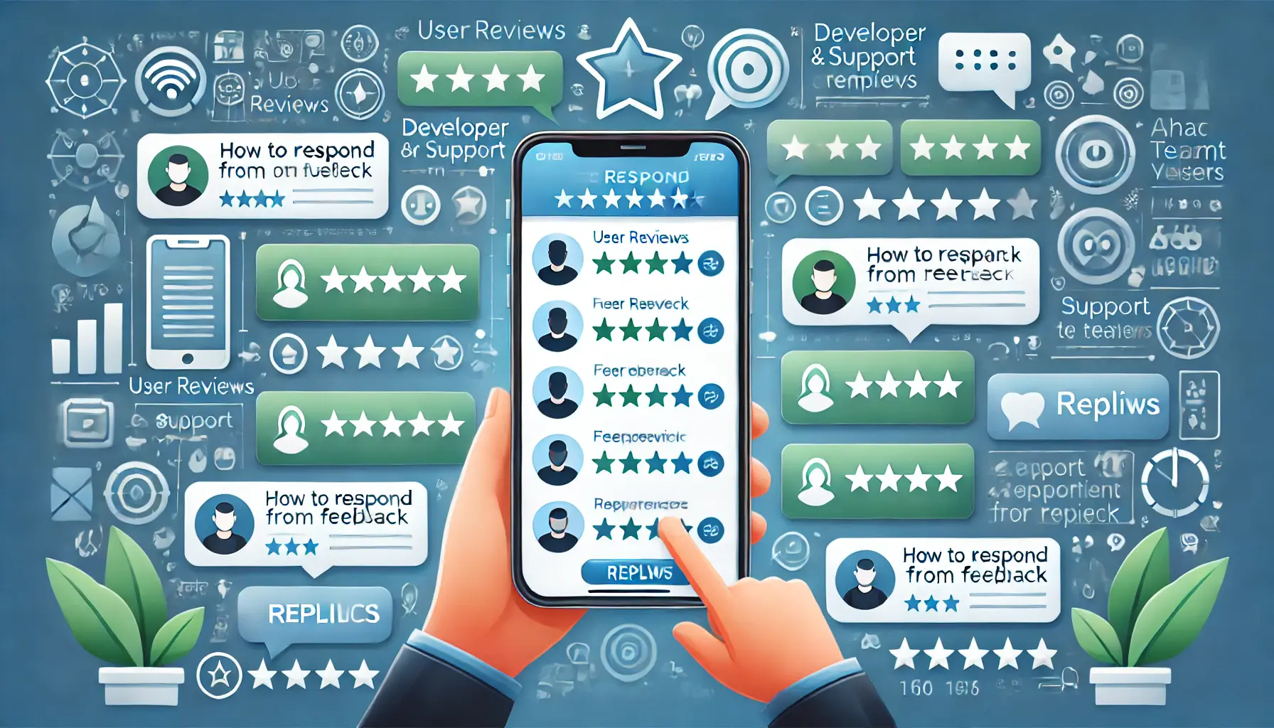 A mobile app with user reviews and feedback bubbles, with a developer or support team responding, represented by communication icons like chat bubbles and arrows.