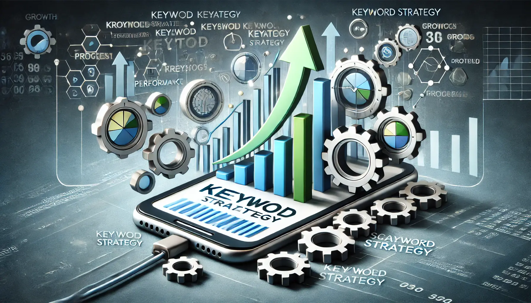 Abstract representation of scaling a keyword strategy as an app grows, featuring a mobile device with keyword data, upward arrows, and expanding data lines