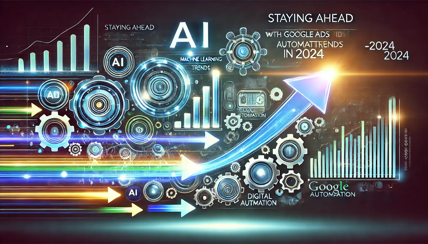 Digital illustration featuring AI, machine learning, and dynamic data flows, symbolizing innovation and progress in staying ahead with Google Ads automation trends in 2024.