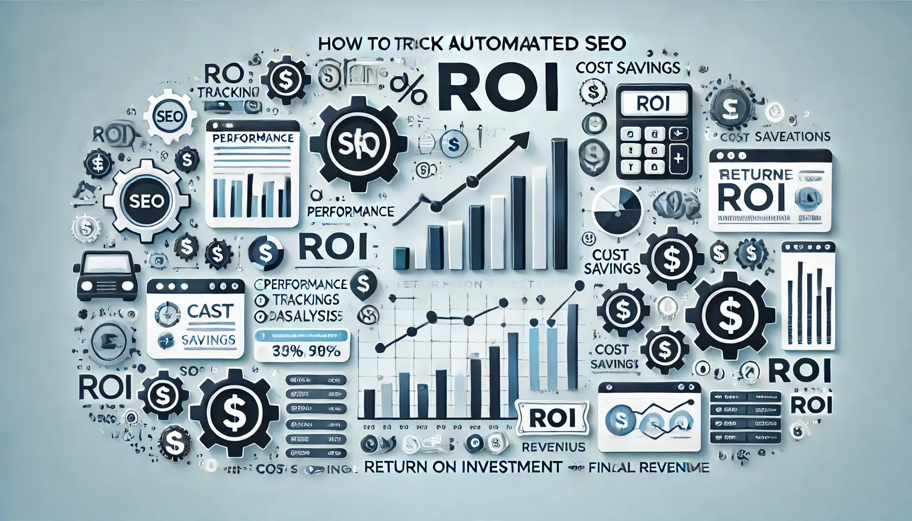 An image showing performance graphs, dashboards, gears, and currency symbols representing ROI tracking and financial benefits from automated SEO.