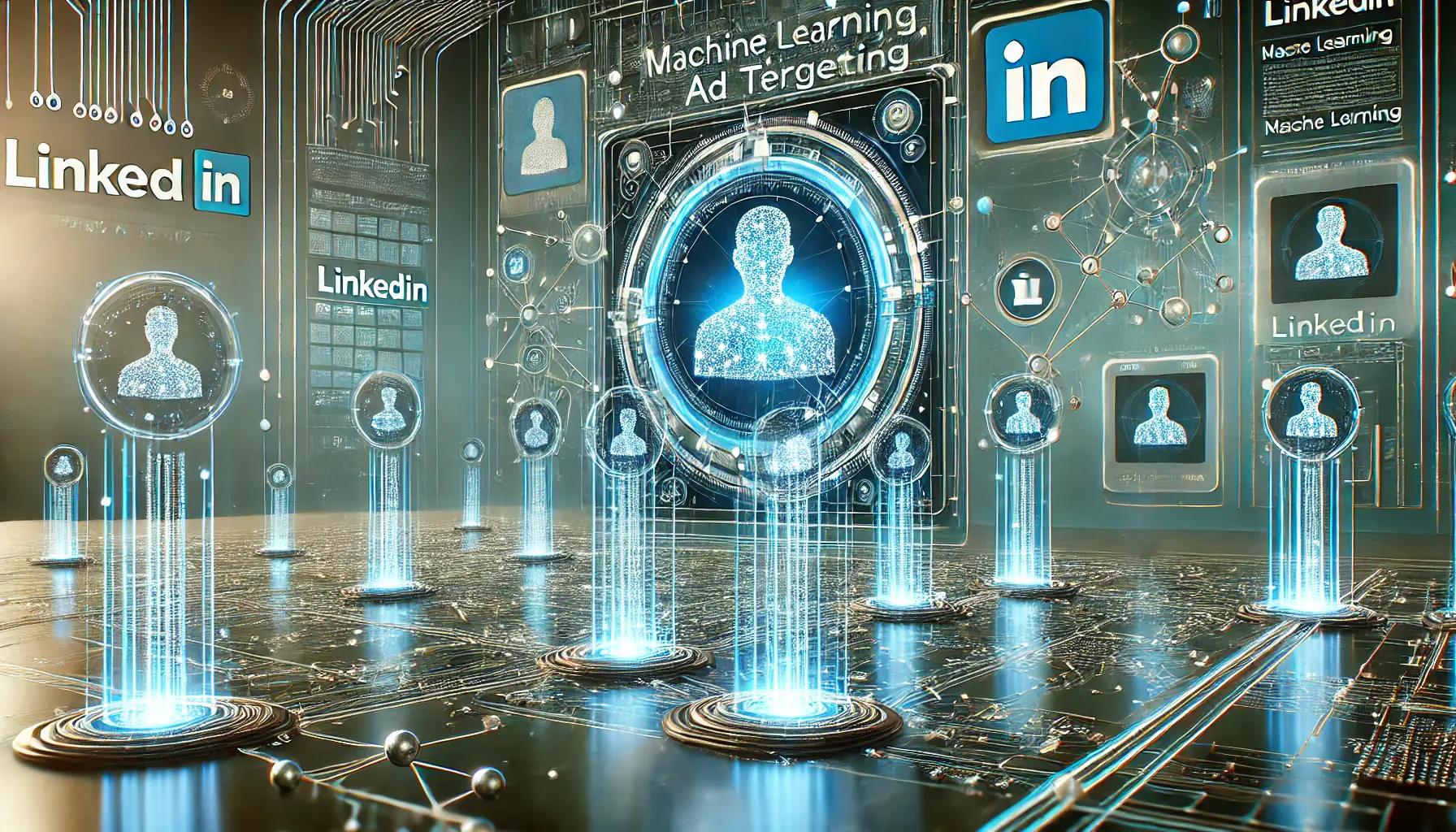 A futuristic scene depicting machine learning enhancing LinkedIn ad targeting, with a complex digital interface of interconnected nodes and data streams, symbolizing algorithms at work.