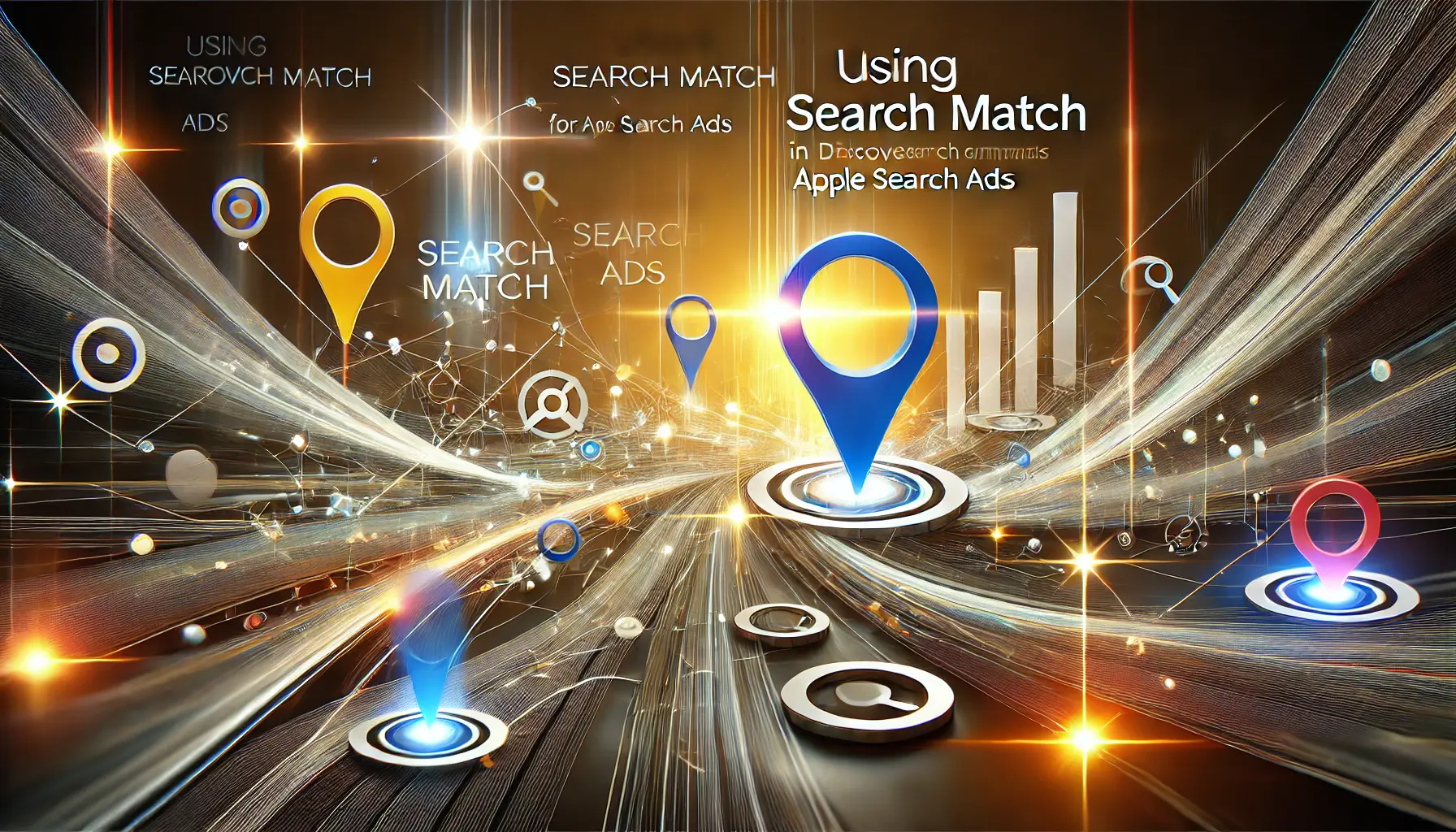 Abstract representation of Search Match in discovery campaigns with interconnected elements and bright focal points symbolizing keyword identification.