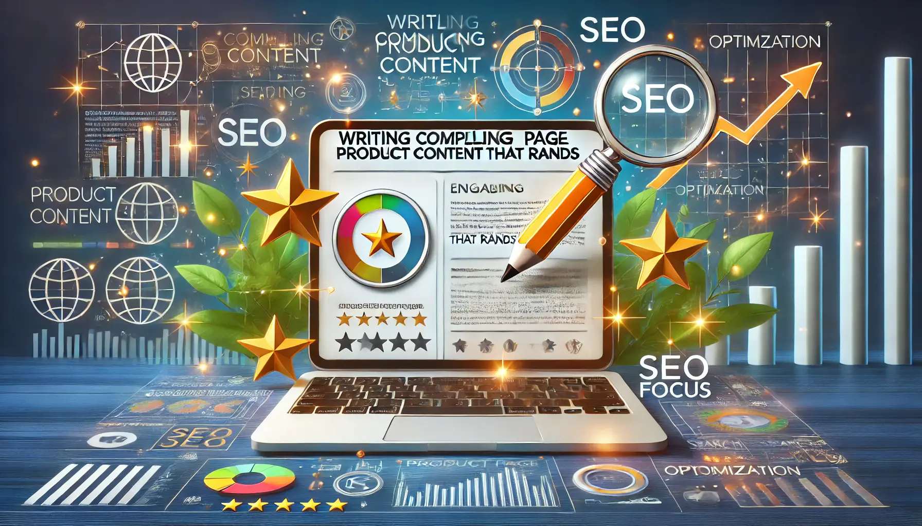 A laptop displaying a product page with icons representing engaging content like stars, a pencil symbolizing writing, and a magnifying glass indicating SEO focus.