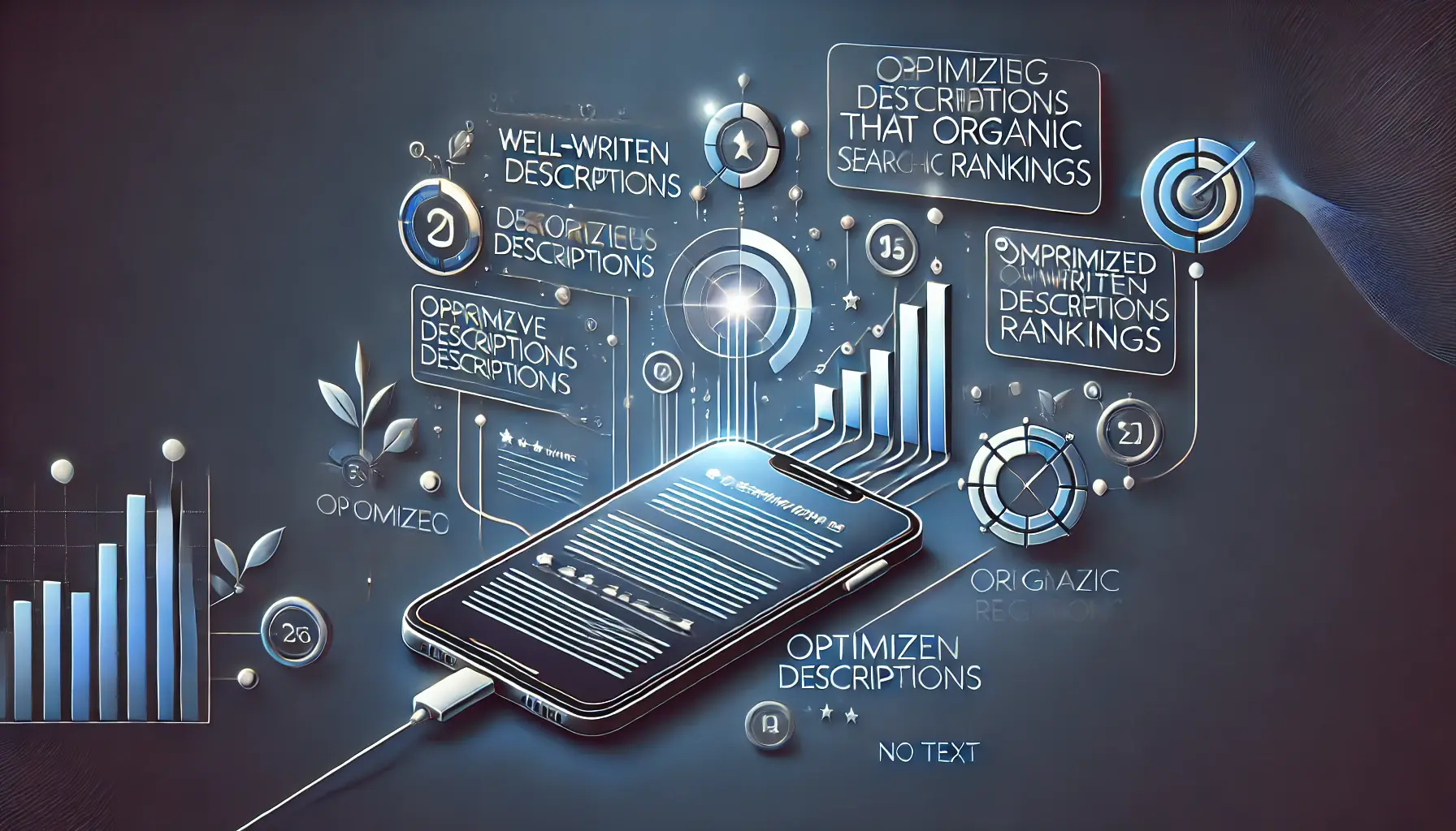 An image of a smartphone with flowing text and elements like arrows and graphs connected to it, symbolizing how optimized descriptions contribute to better organic rankings.