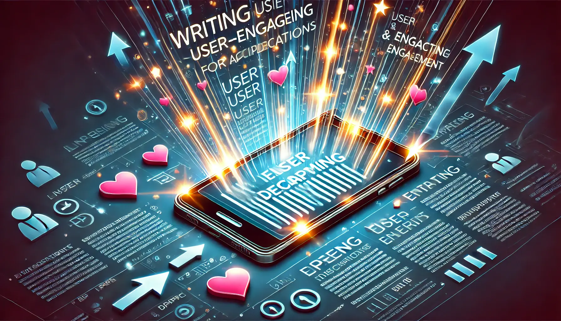 An image of a smartphone with glowing text flowing into it, surrounded by icons representing user engagement, such as hearts and arrows, symbolizing captivating and engaging app descriptions.