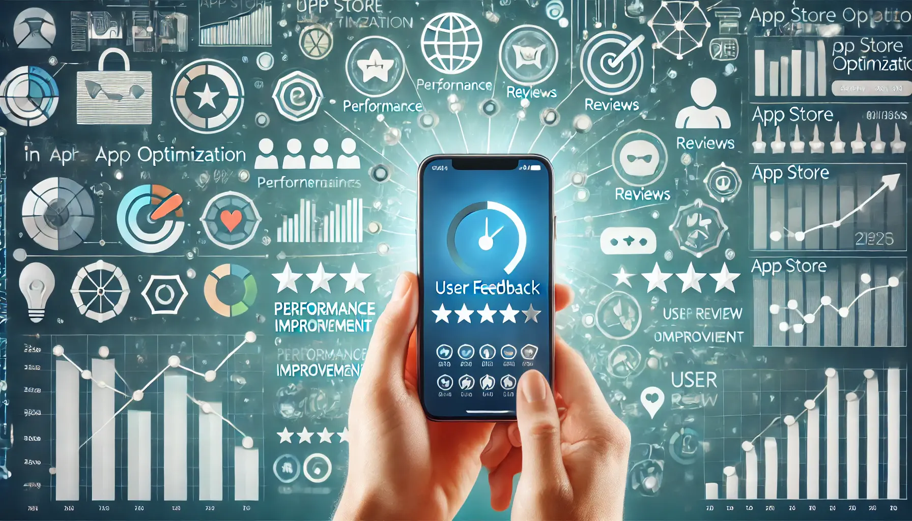 A mobile app receiving feedback with analytics, star ratings, and performance improvement visuals.