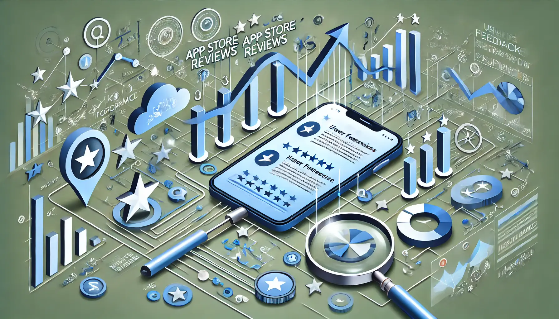 Abstract representation of incorporating user feedback into keyword updates, featuring a mobile device displaying app reviews and keyword performance data