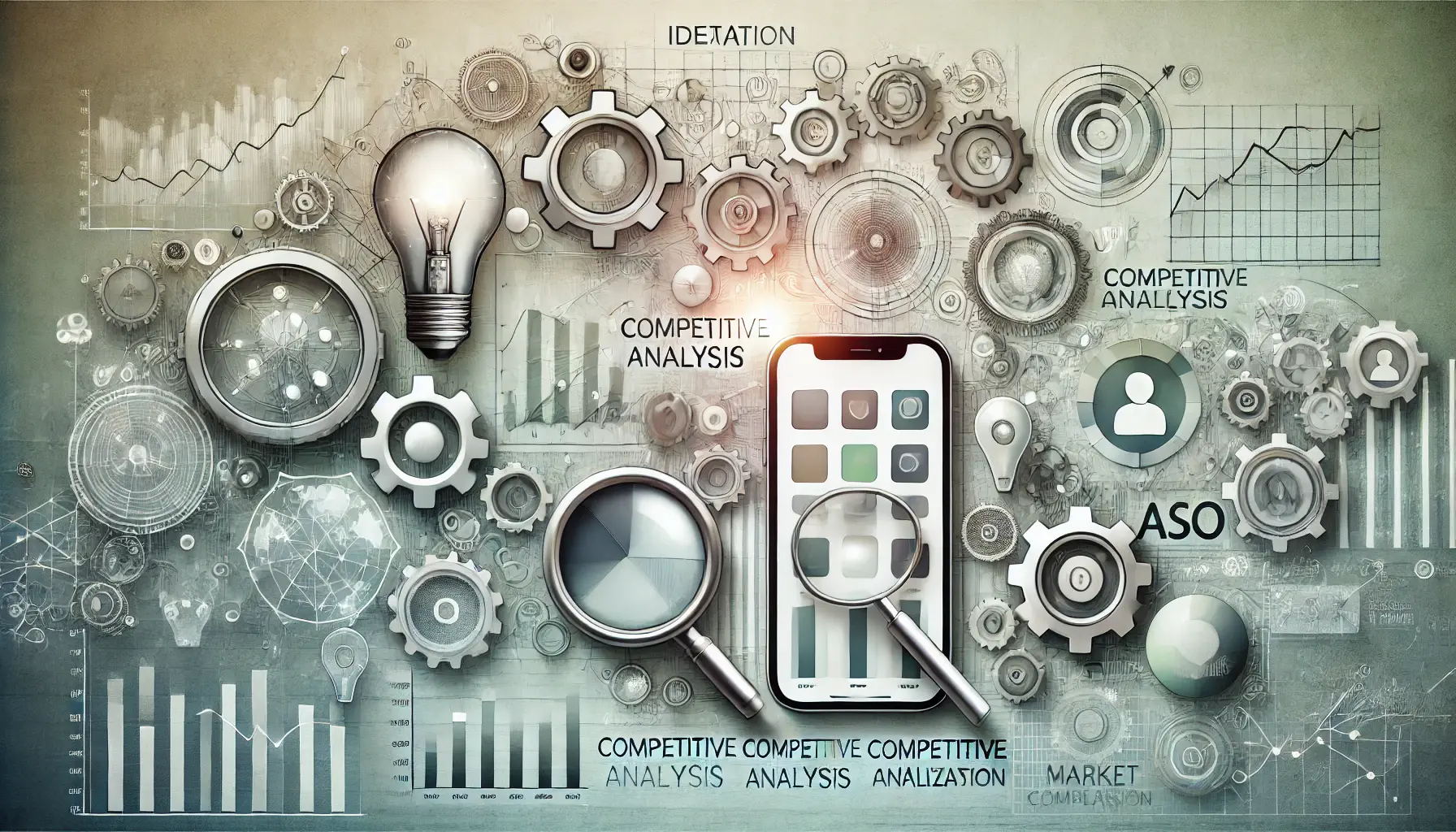 Abstract representation of ideation and competitive analysis for mobile app optimization, featuring lightbulbs symbolizing ideas, charts, and graphs representing data analysis