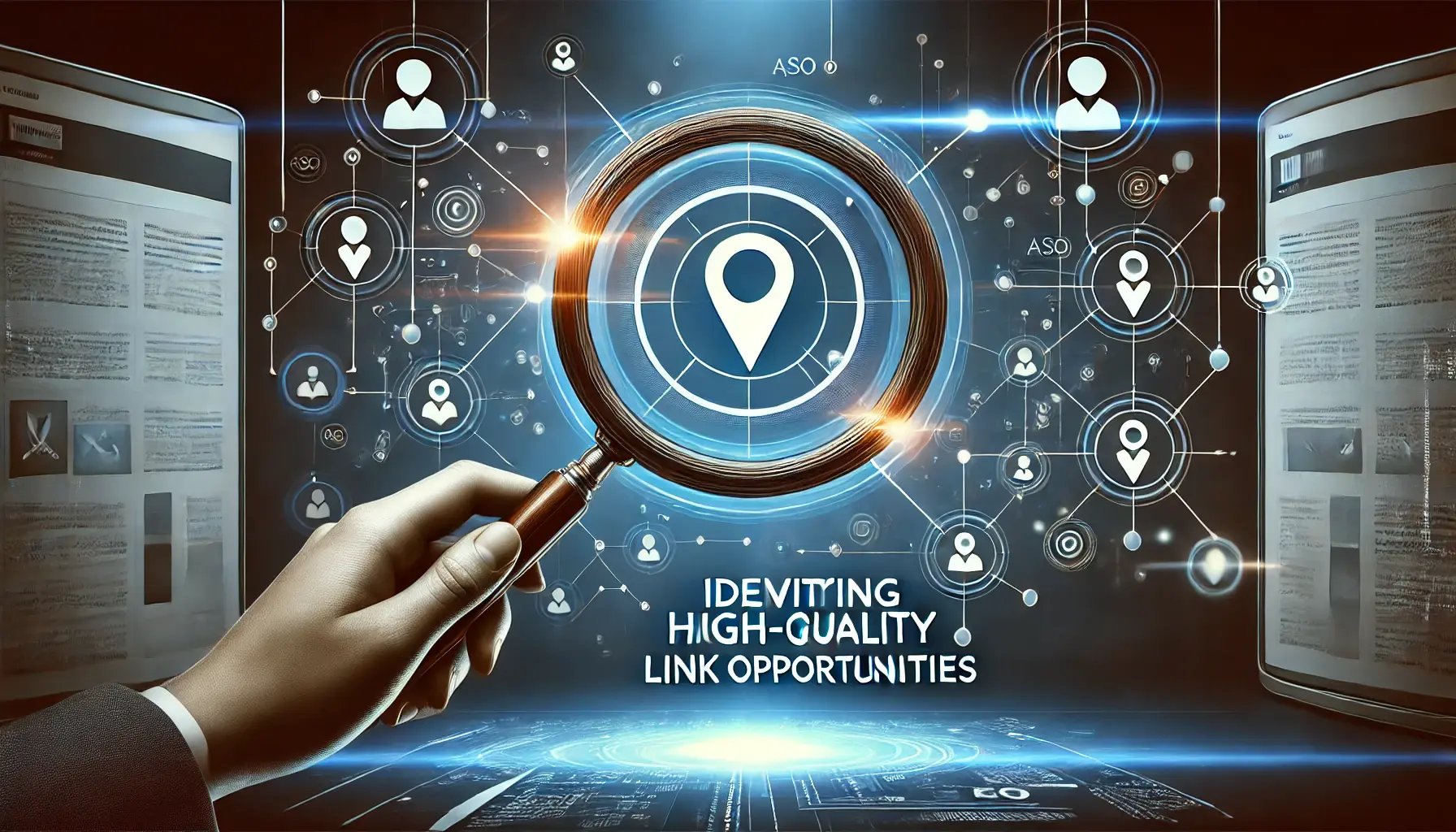 Abstract visualization of a magnifying glass focusing on highlighted connections or links, symbolizing the discovery of high-quality link opportunities.