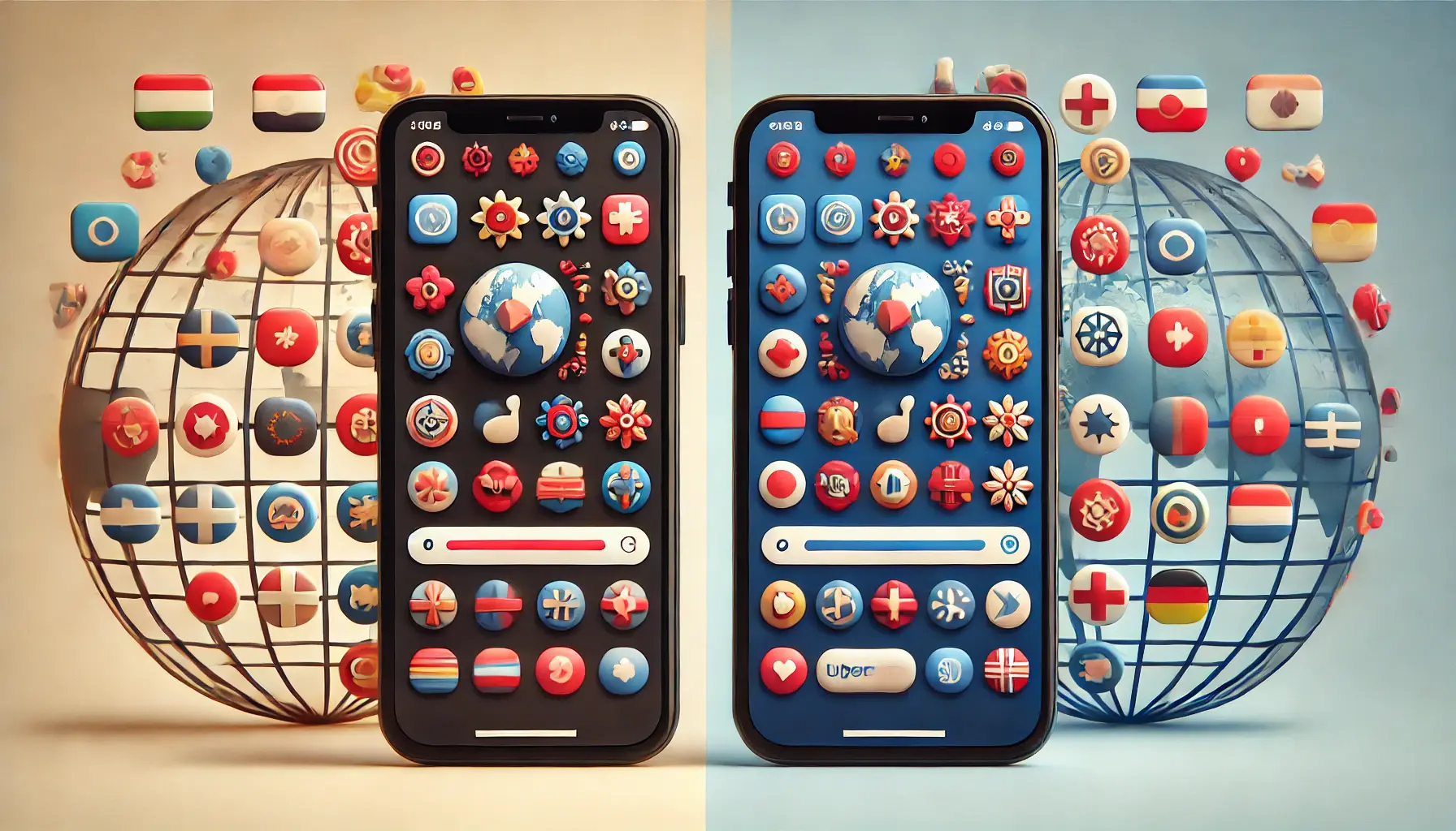 Two mobile phones displaying the same app with different cultural themes; one fits the local culture, while the other shows mismatched cultural elements, with a globe and cultural icons in the background.