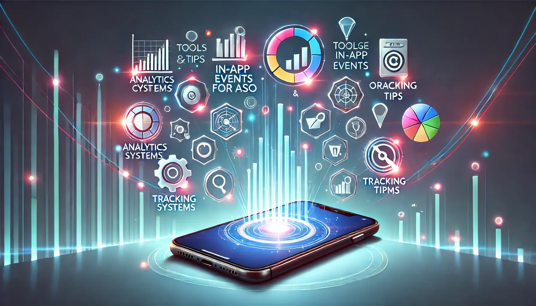 A smartphone displaying glowing icons representing analytics tools, tracking systems, and optimization tips, symbolizing the management of in-app events for ASO.