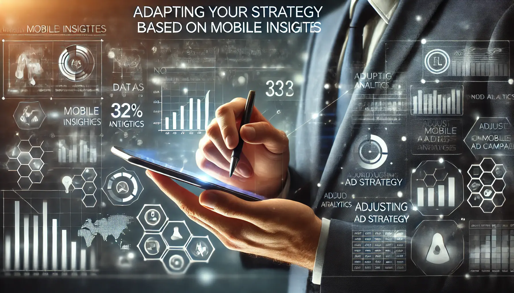 A professional analyzing mobile performance metrics on a smartphone and adjusting ad strategy based on insights.