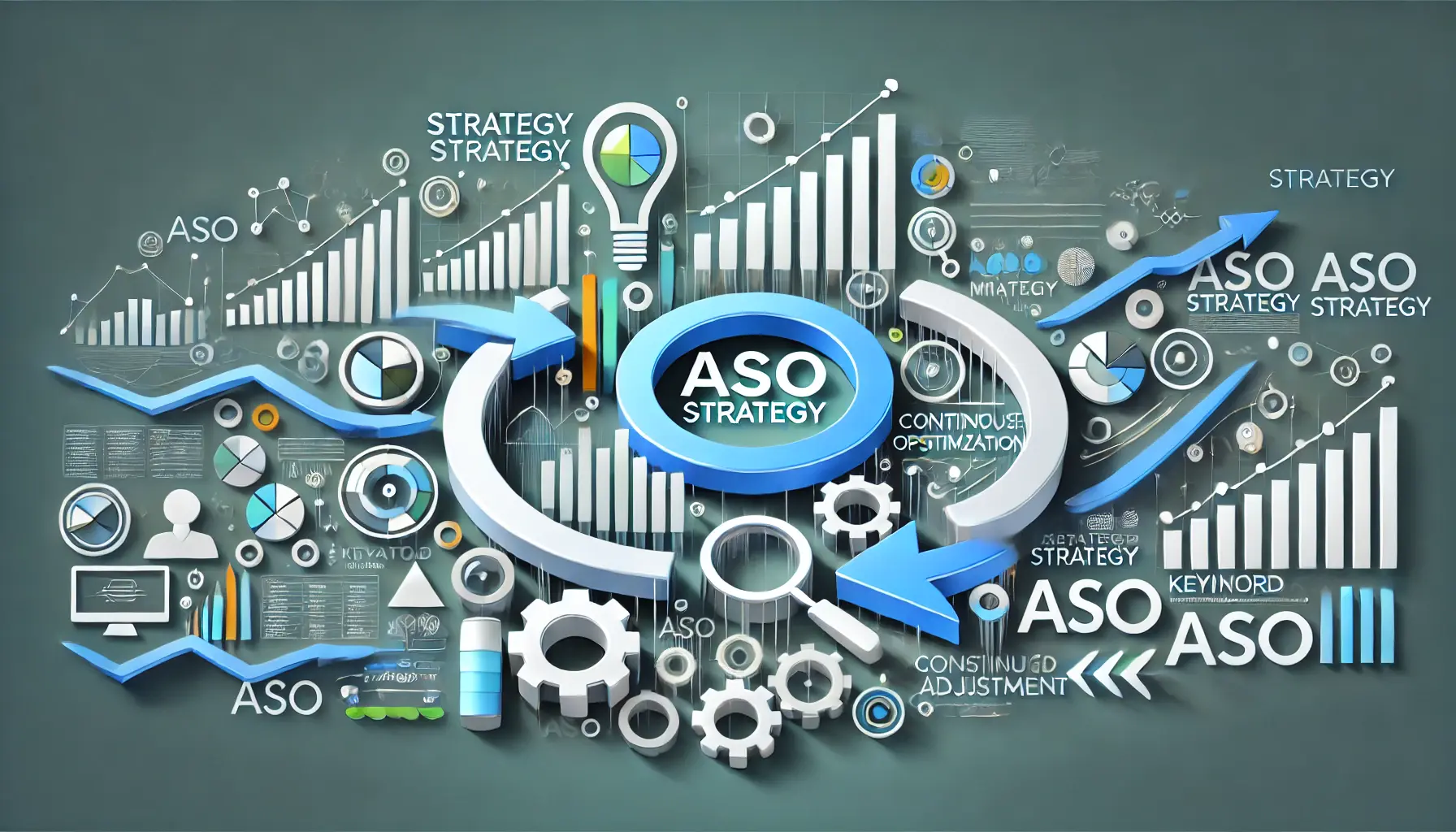 Abstract visual with strategy symbols, keyword indicators, and dynamic arrows representing the continuous optimization of ASO strategies based on keyword performance