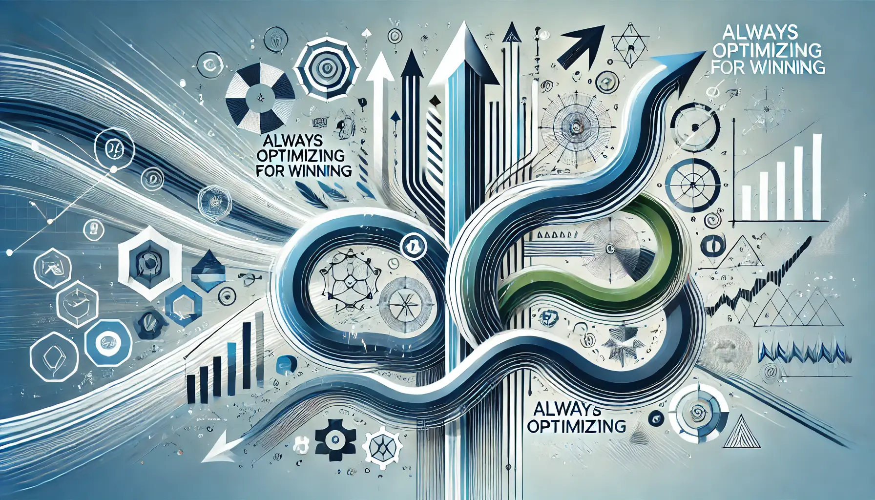 Abstract visual with upward arrows, strategy symbols, and dynamic flow patterns representing continuous improvement and winning strategies