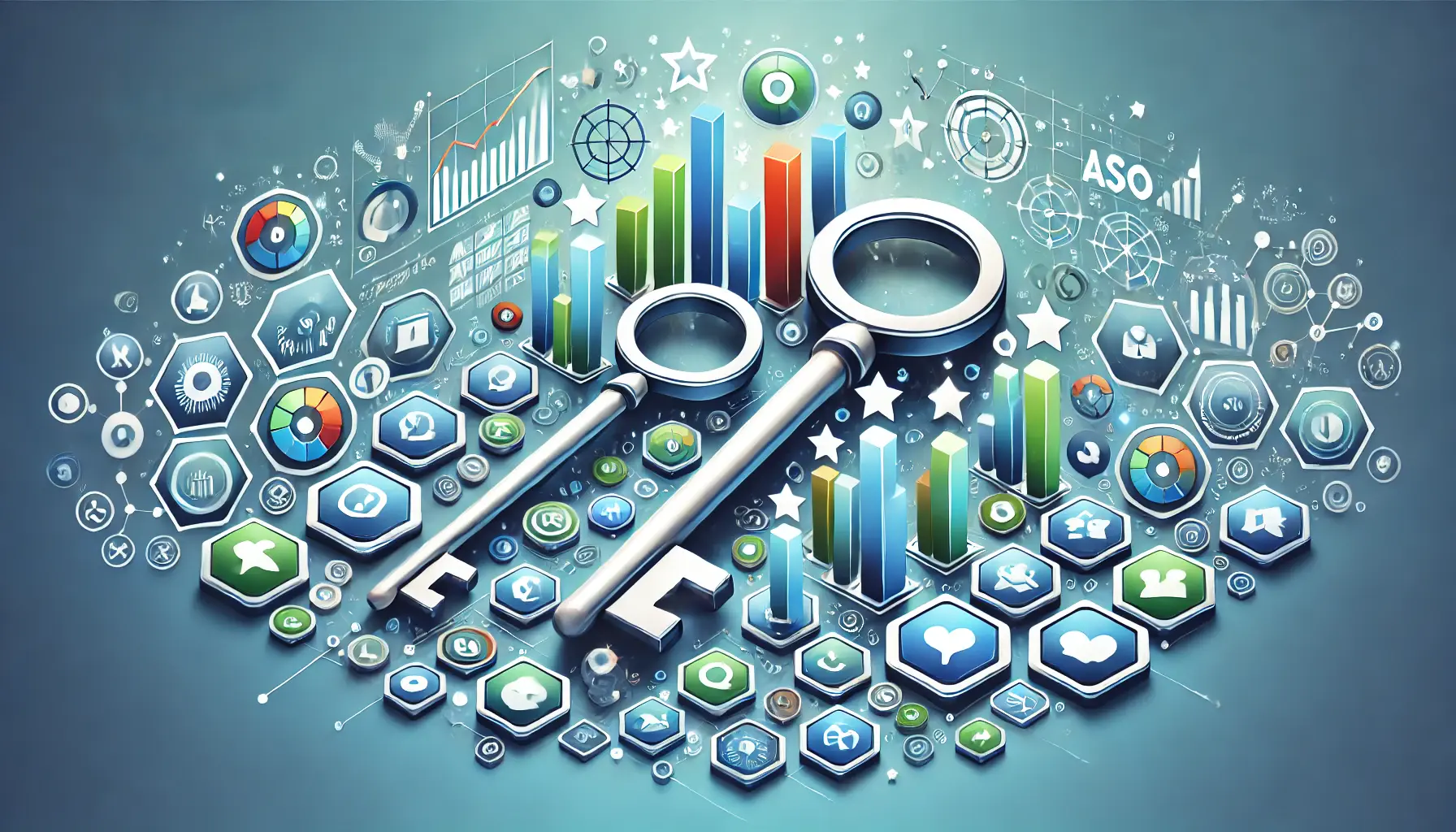 Abstract visual with key symbols, metrics icons, and upward arrows representing the critical role of app store metrics in ASO success