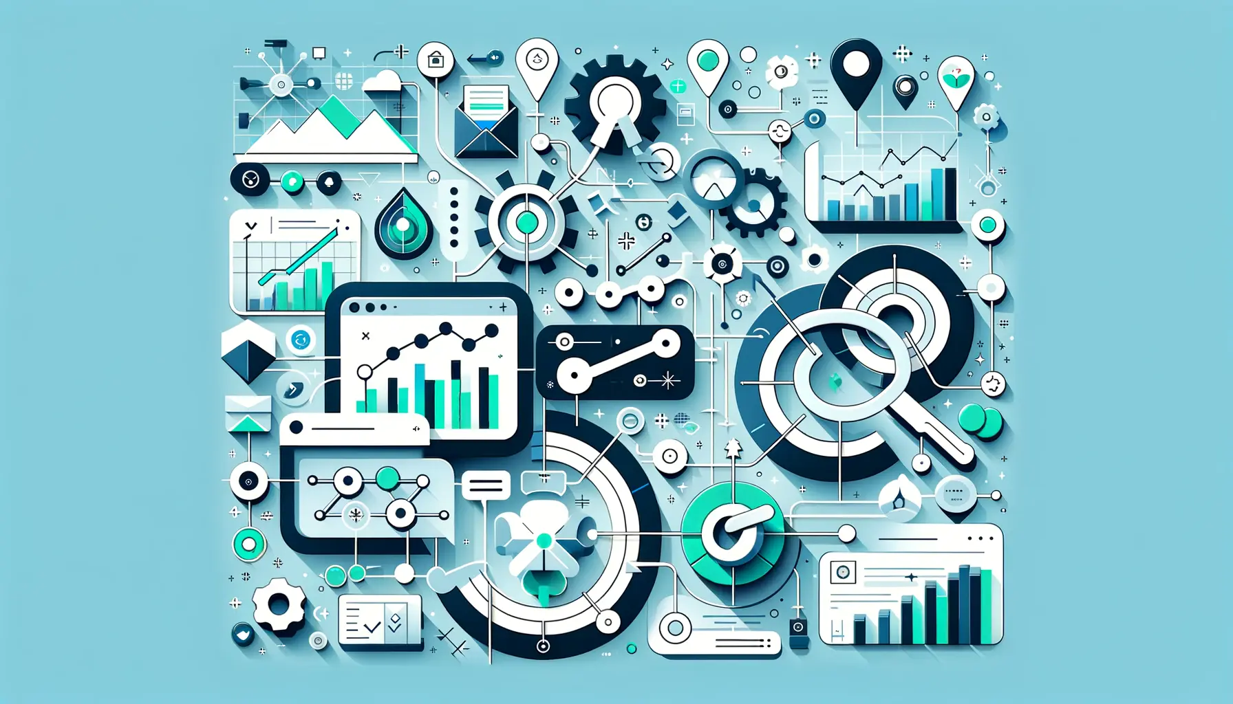 Abstract visual with key symbols, data flow, and growth indicators representing the essential aspects of effective app store metrics