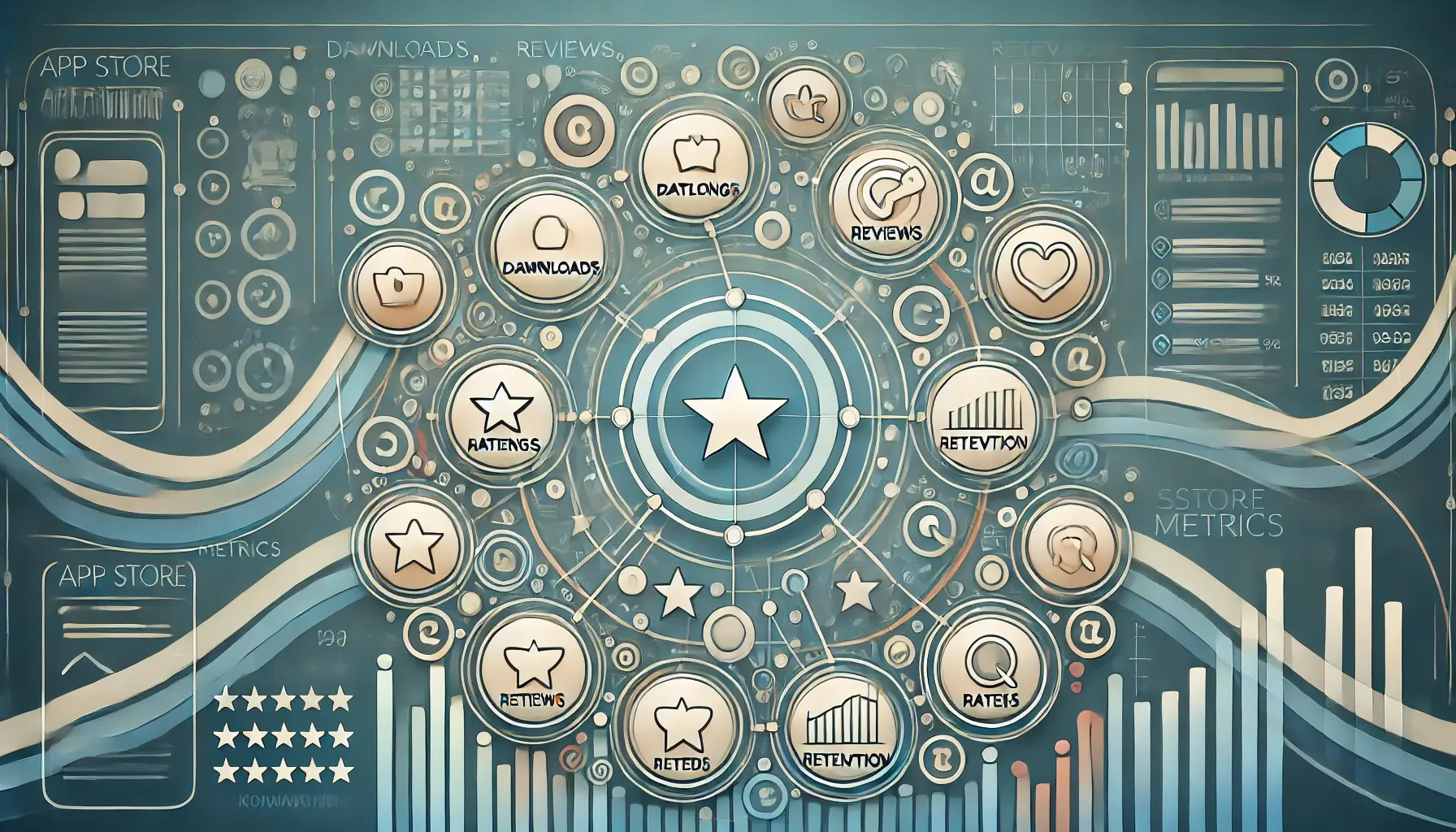 Abstract visual of critical app store metrics represented by interconnected icons for downloads, ratings, reviews, and retention rates