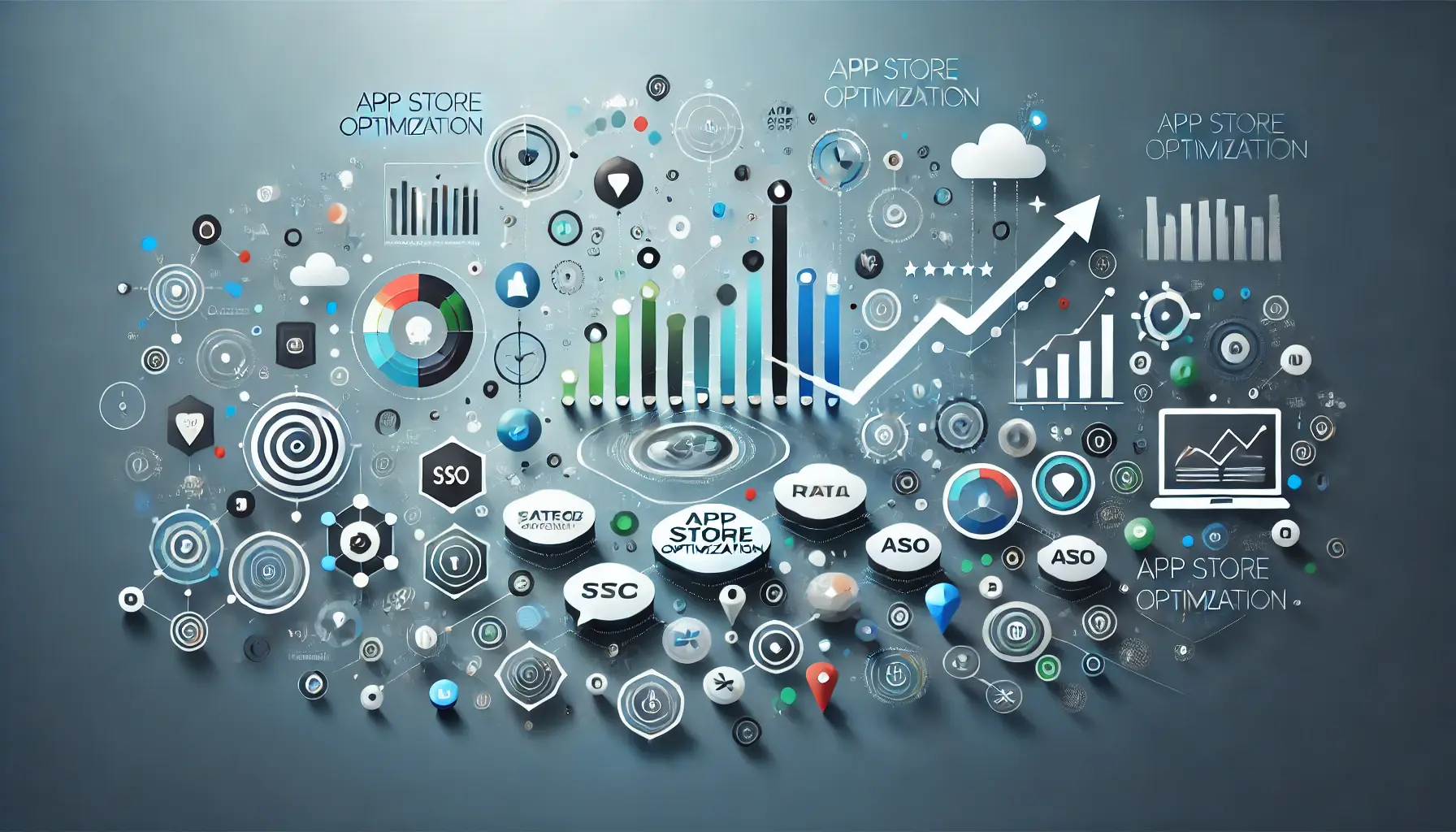 Abstract visual with strategy symbols, data flow, ranking indicators, and upward arrows representing the comprehensive nature of ASO and metric analysis