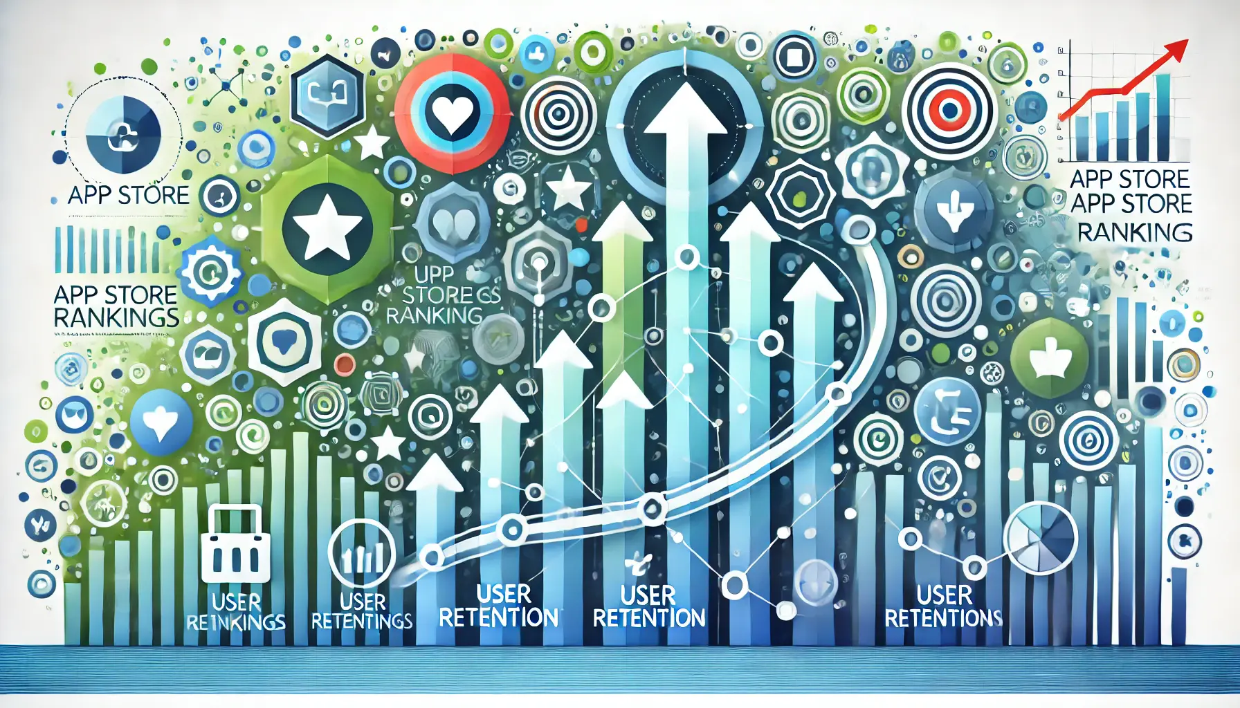 Abstract visual with ranking indicators, upward arrows, and user retention symbols representing the connection between retention and app store rankings