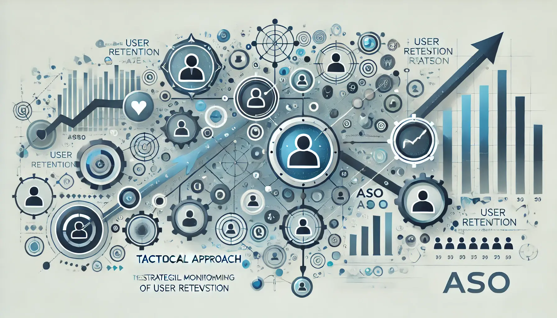 Abstract visual with user icons, retention symbols, and progress arrows symbolizing the strategic approach to monitoring and improving retention rates in ASO