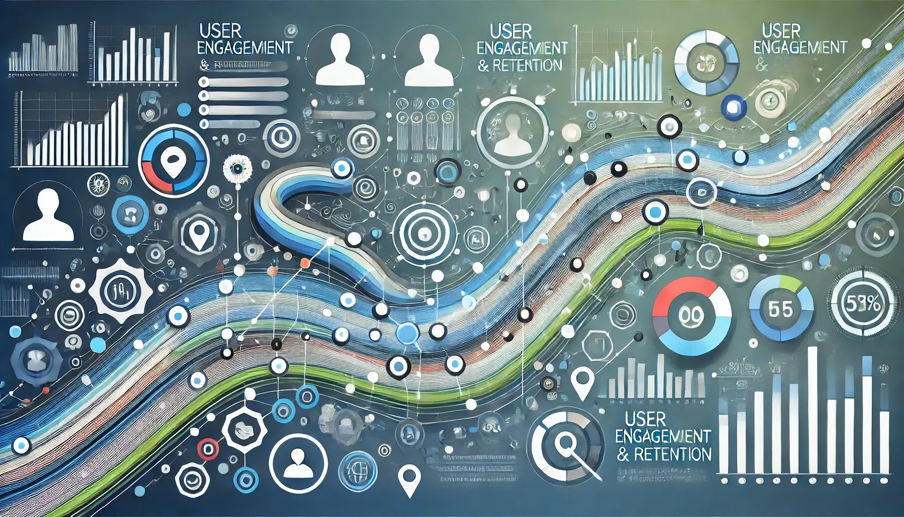 Abstract visual with user icons, engagement symbols, and progress arrows symbolizing continuous monitoring and improvement of user engagement and retention