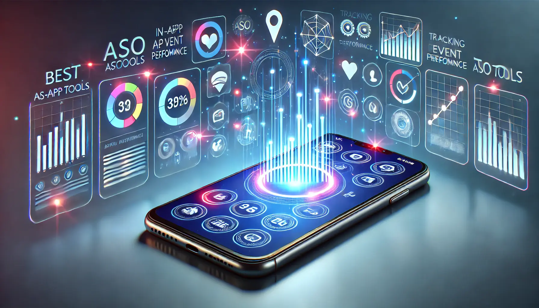 A smartphone displaying glowing icons representing ASO tools like analytics dashboards, graphs, and performance indicators for tracking in-app event performance.