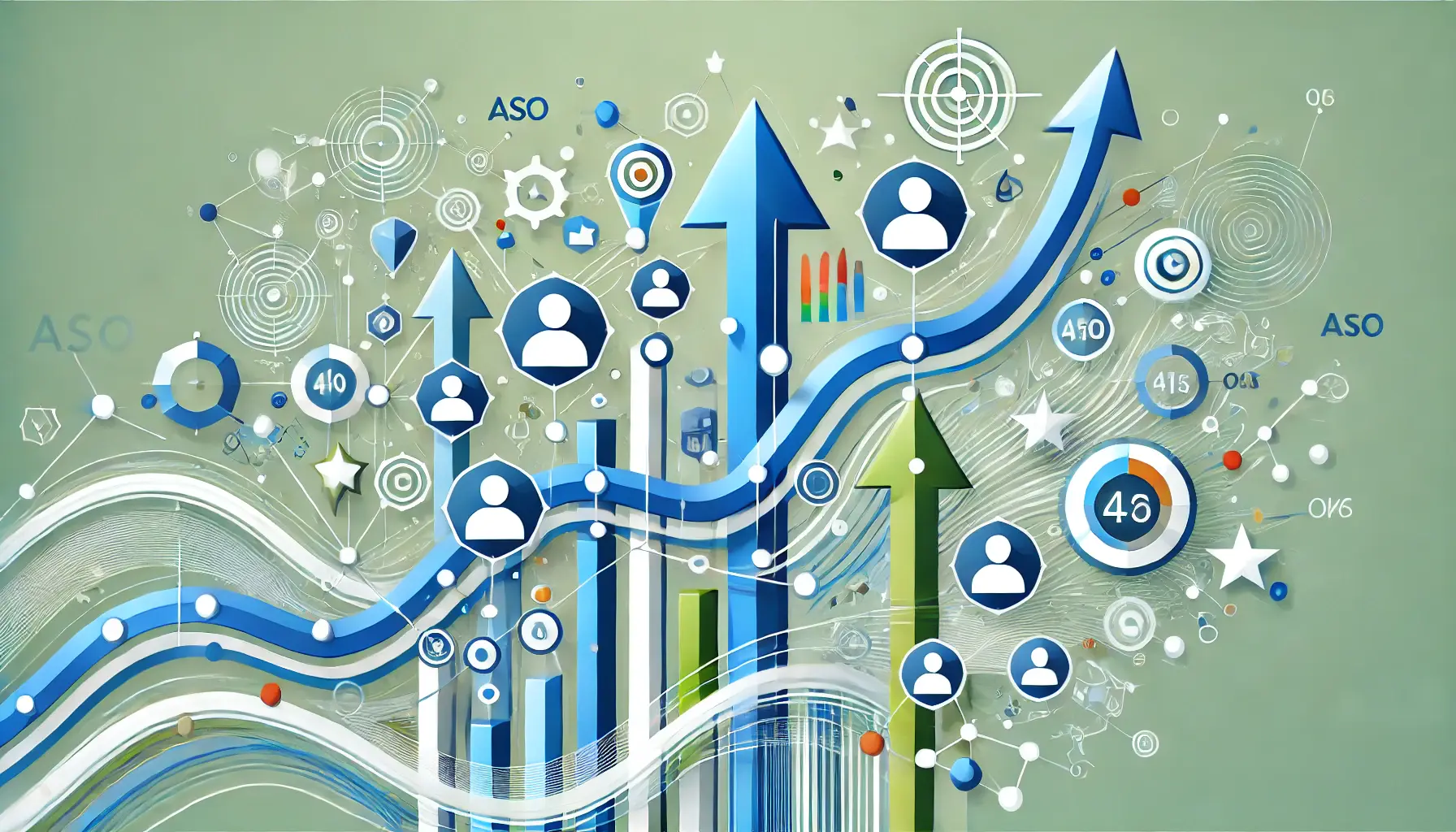 Abstract visual with user icons, upward arrows, and metrics symbols representing improved ASO metrics from increased user engagement