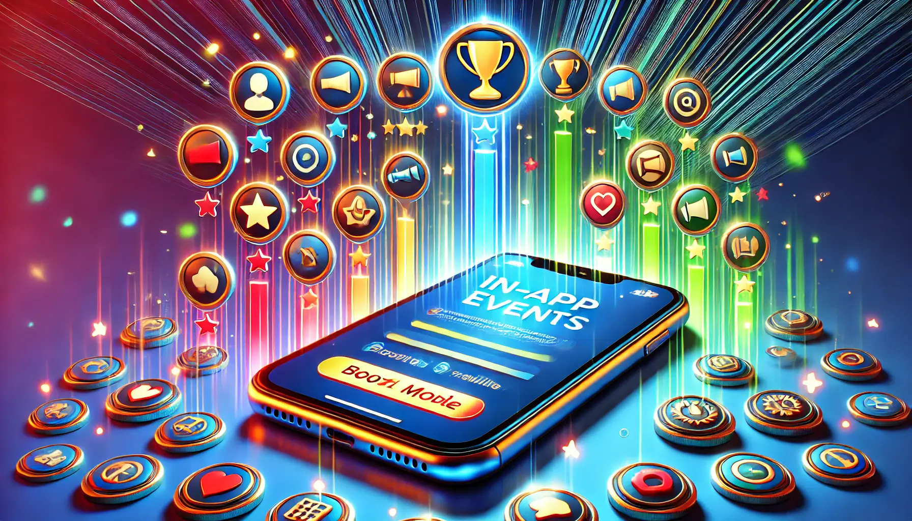 A smartphone surrounded by glowing icons depicting badges, trophies, and progress bars, representing achievement-oriented events.