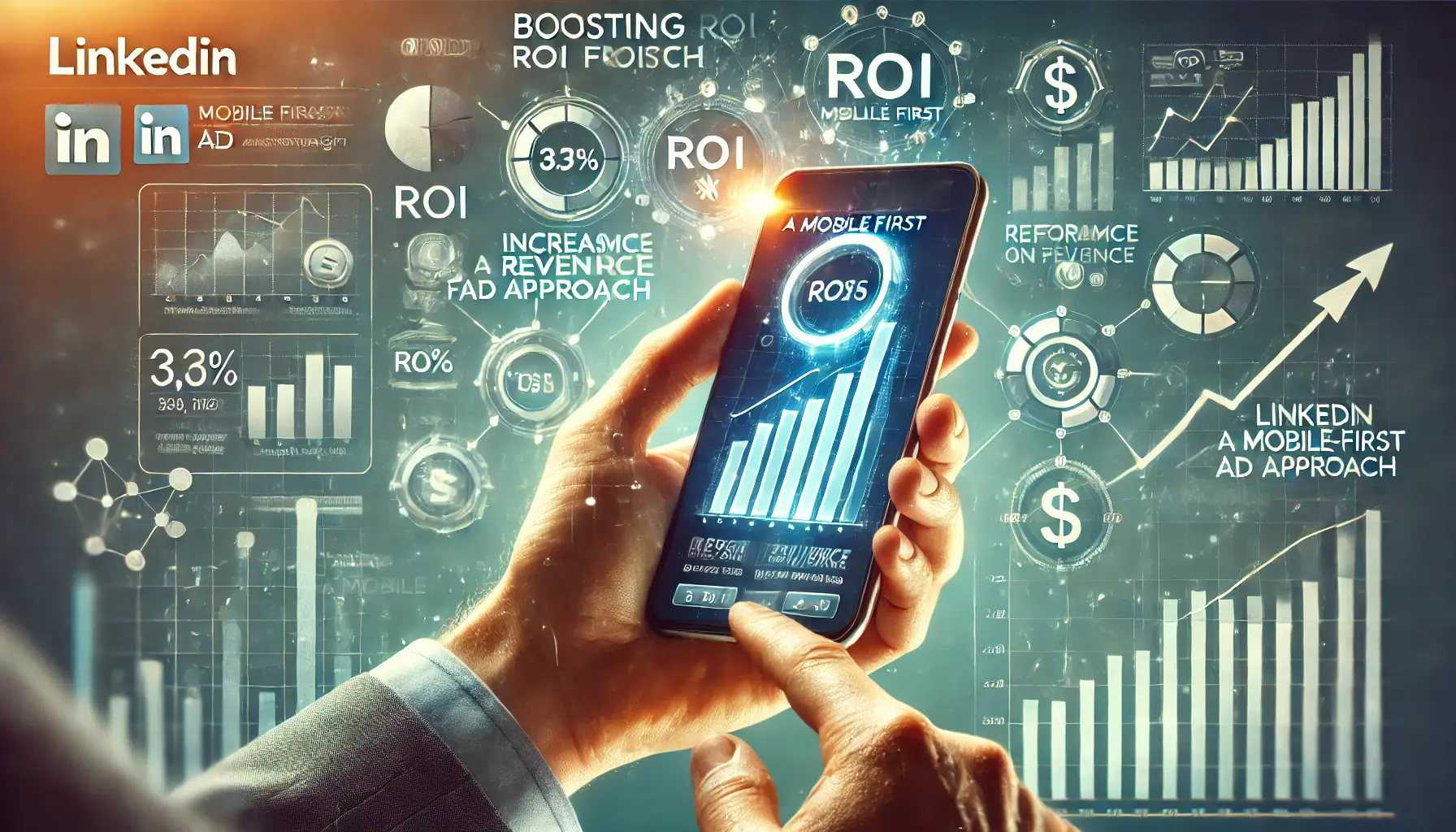 A mobile phone displaying performance metrics and revenue growth for a LinkedIn ad campaign, symbolizing ROI improvement with a mobile-first strategy.